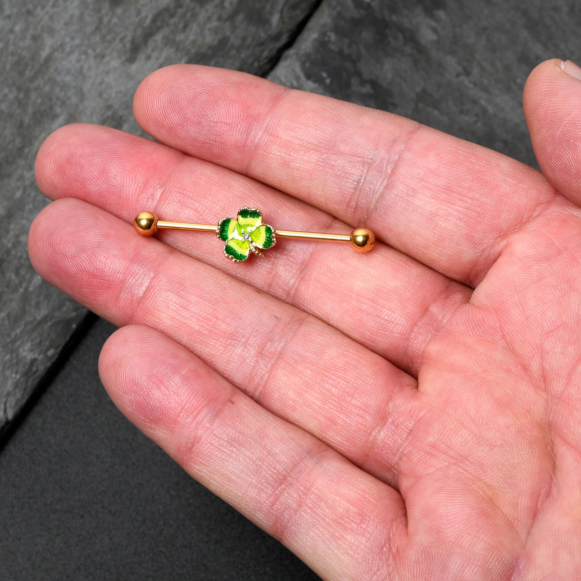 14G Clear Gem Gold Tone Lucky Shamrock Industrial Barbell 38mm - Image 2