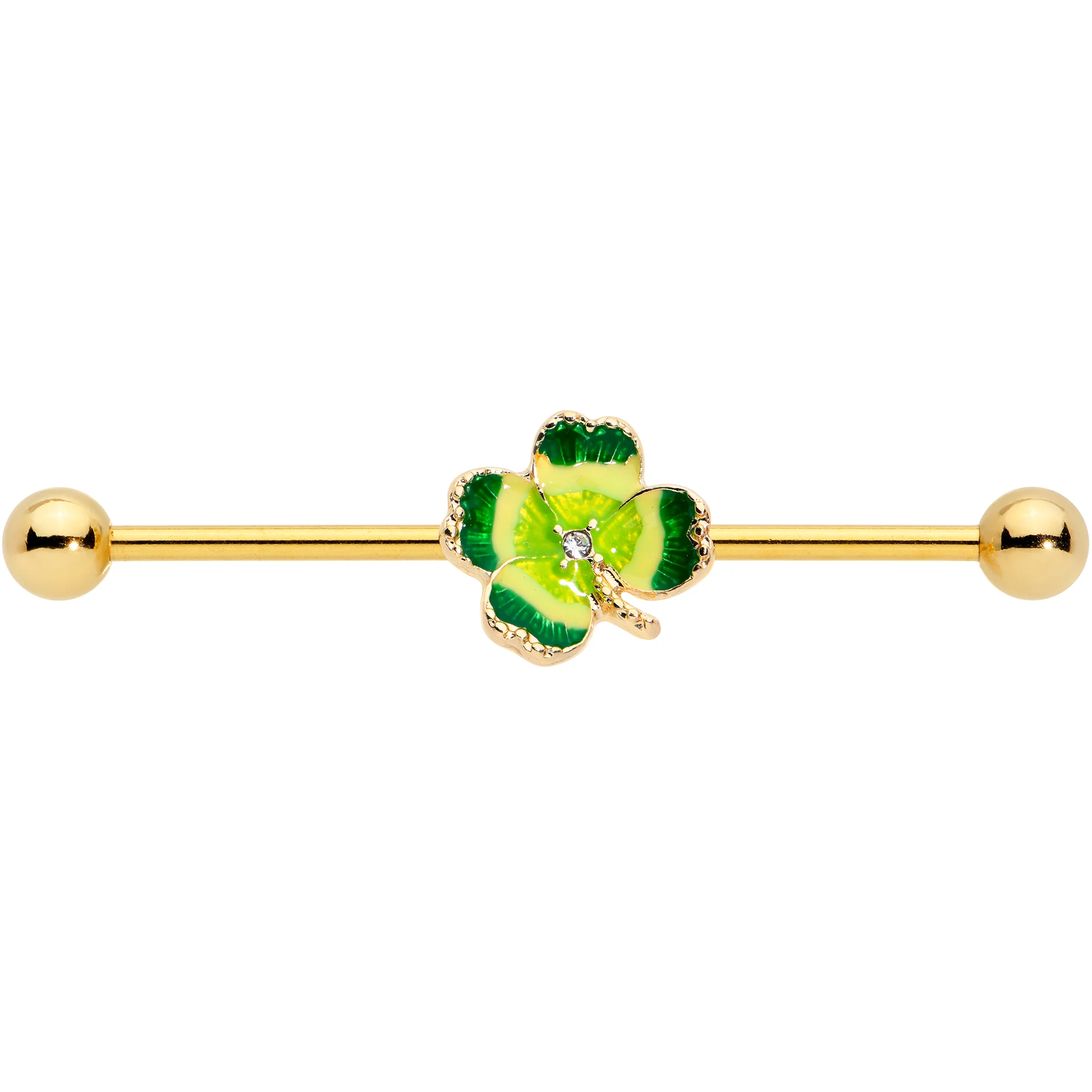 14G Clear Gem Gold Tone Lucky Shamrock Industrial Barbell 38mm - Image 5