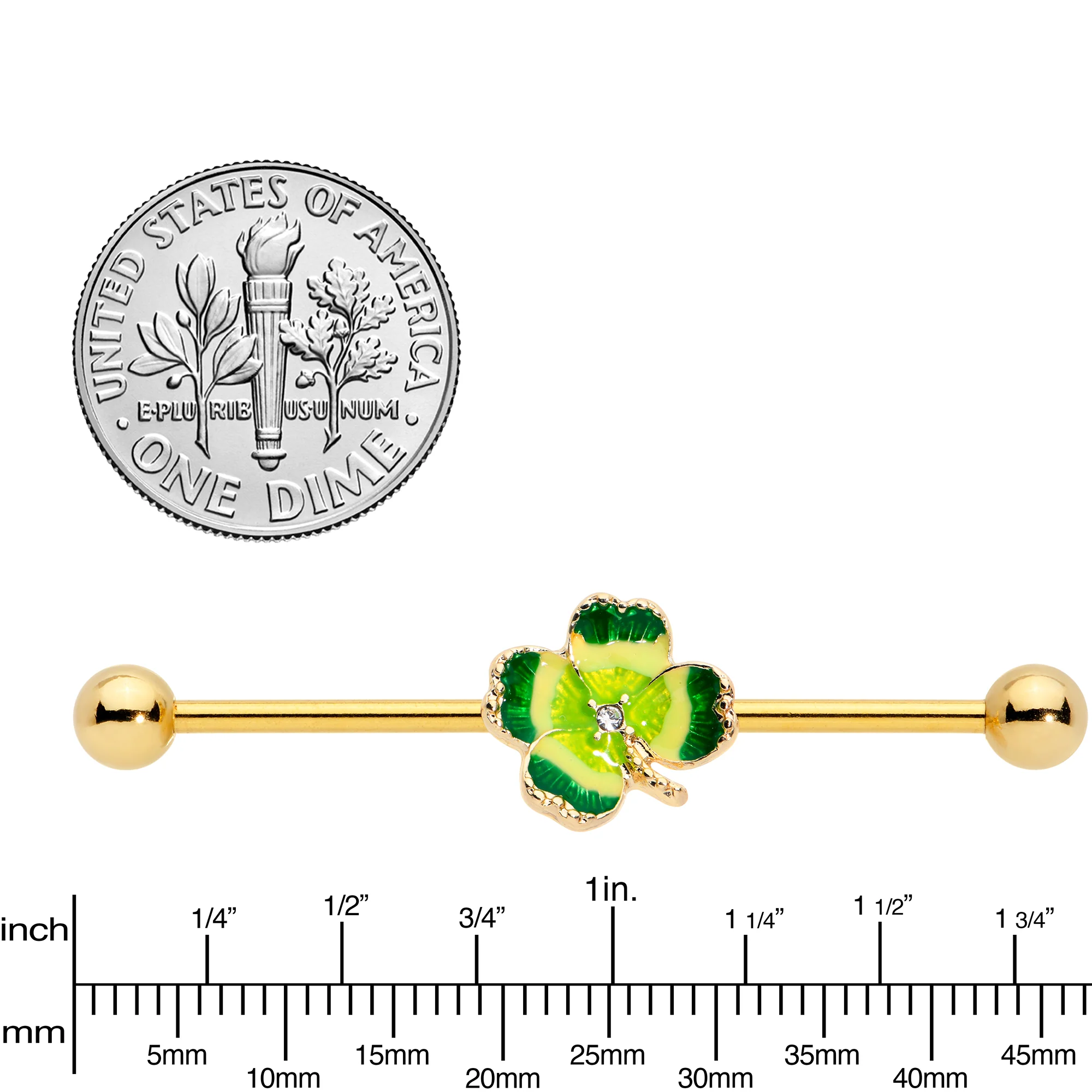 14G Clear Gem Gold Tone Lucky Shamrock Industrial Barbell 38mm - Image 8