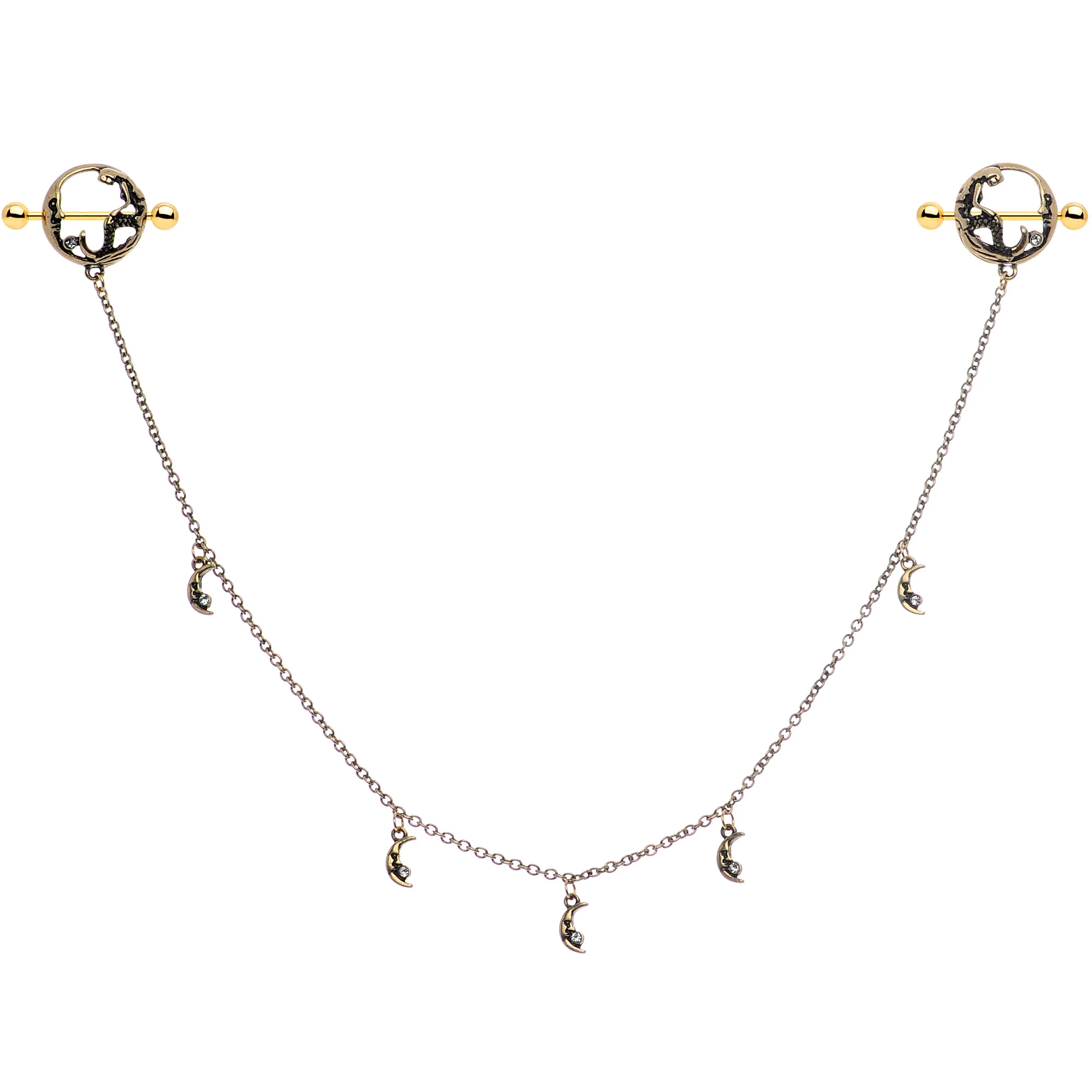 14G Clear Gem Gold Tone Moon Mermaid Nipple Shield Dangle Chain