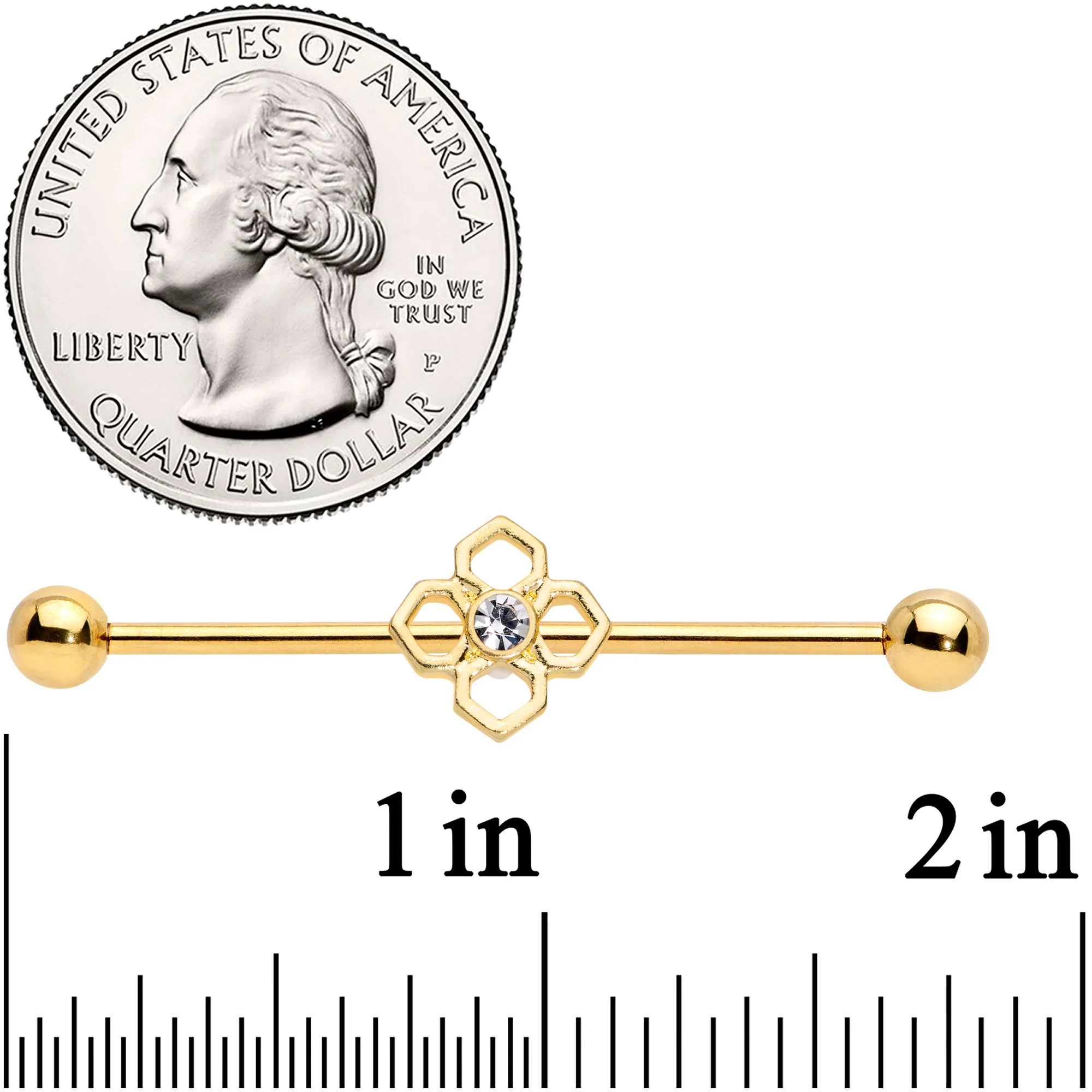 14G Clear Gem Gold Tone Open Cross Industrial Barbell 38mm - Image 2