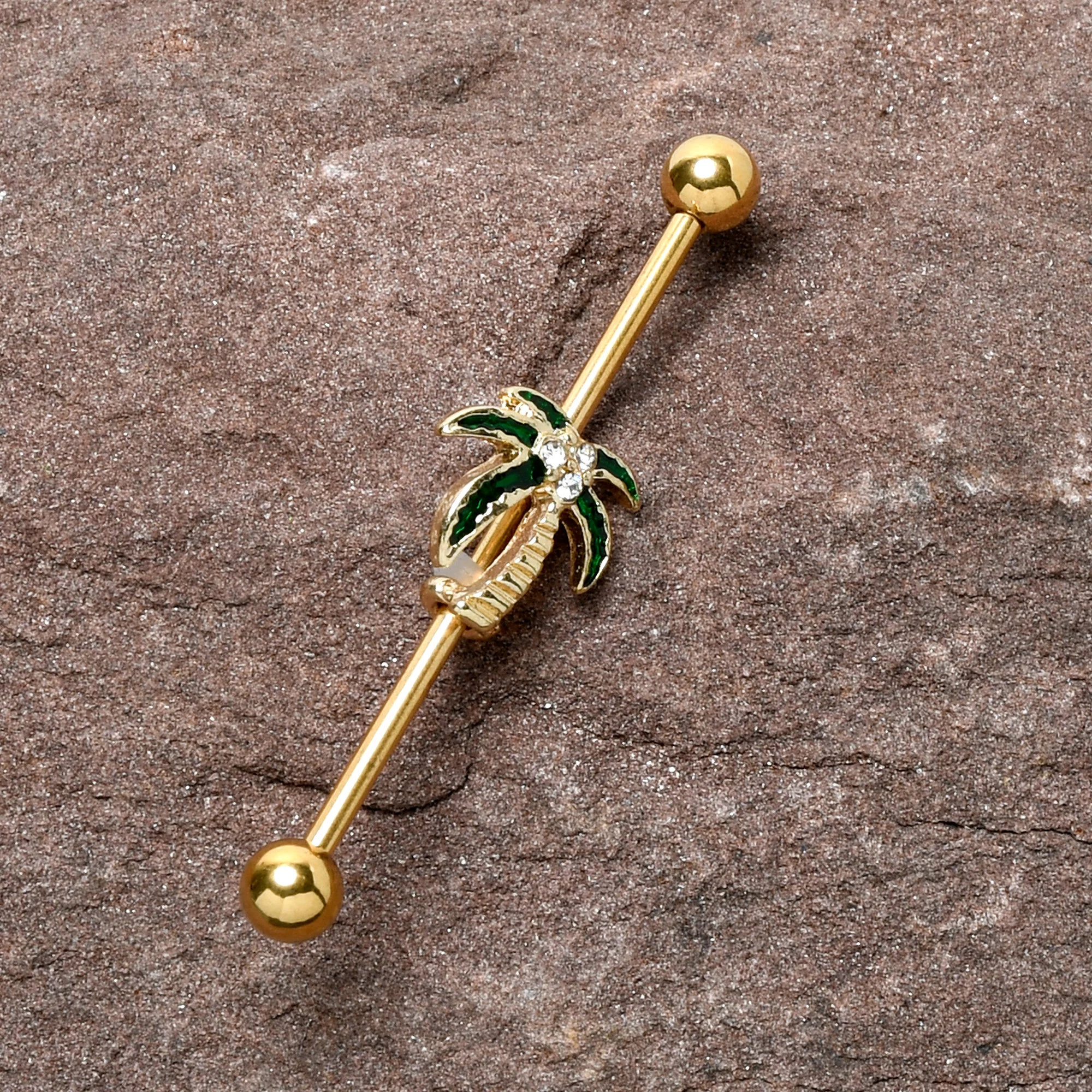 14G Clear Gem Gold Tone Palm Tree Style Industrial Barbell 38mm - Image 2