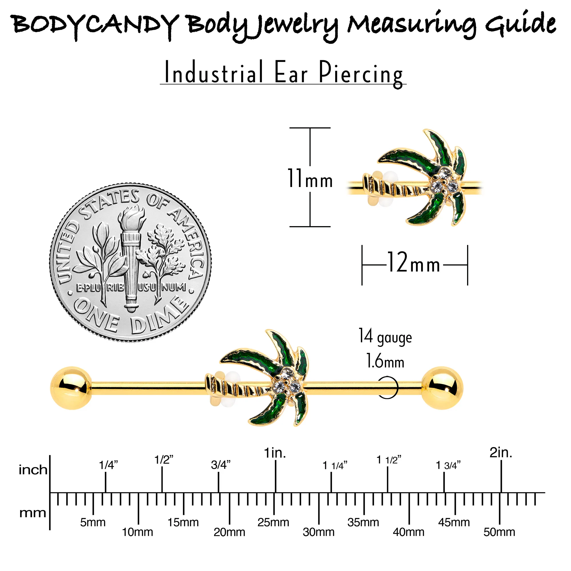 14G Clear Gem Gold Tone Palm Tree Style Industrial Barbell 38mm - Image 6