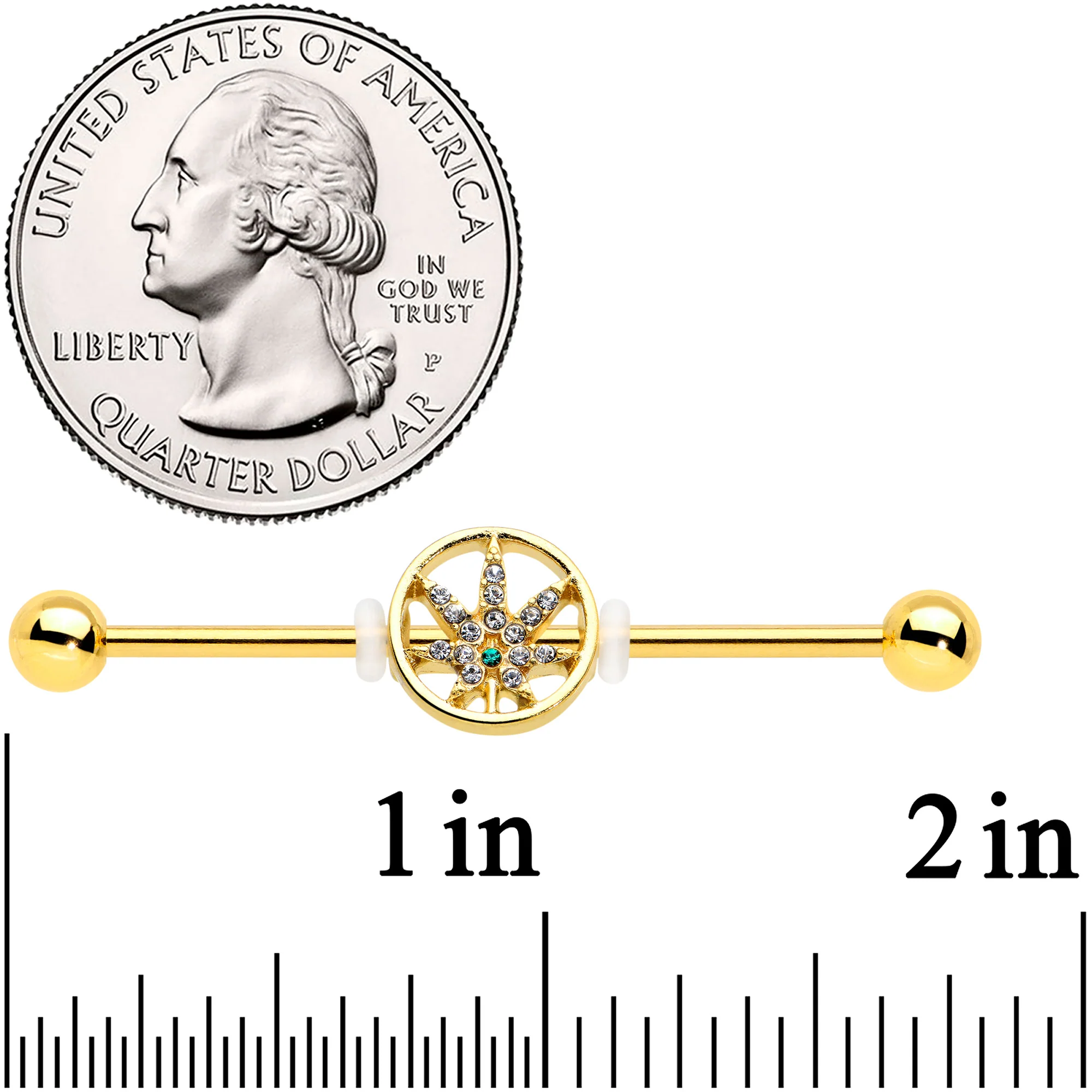 14G Clear Gem Gold Tone Pot Leaf Circle Industrial Barbell 38mm - Image 2