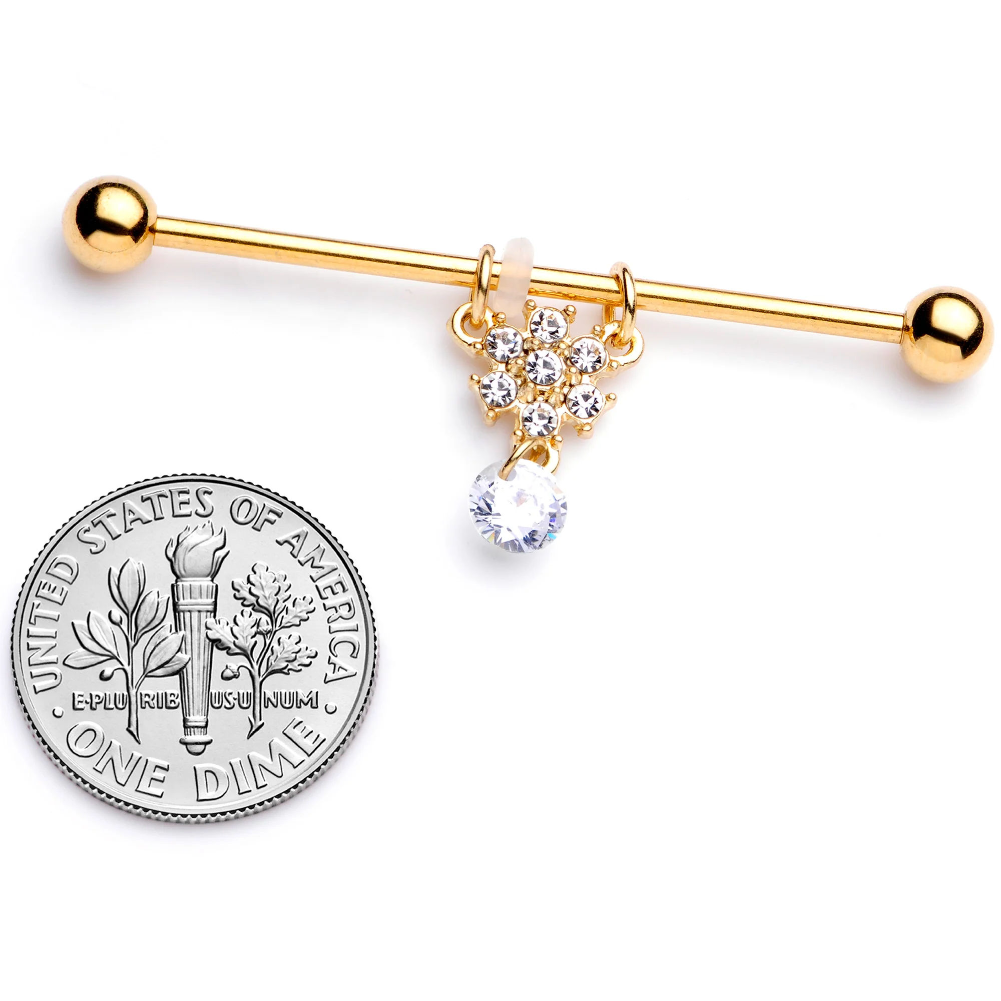 14G Clear Gem Gold Tone Regal Crest Dangle Industrial Barbell 38mm - Image 4
