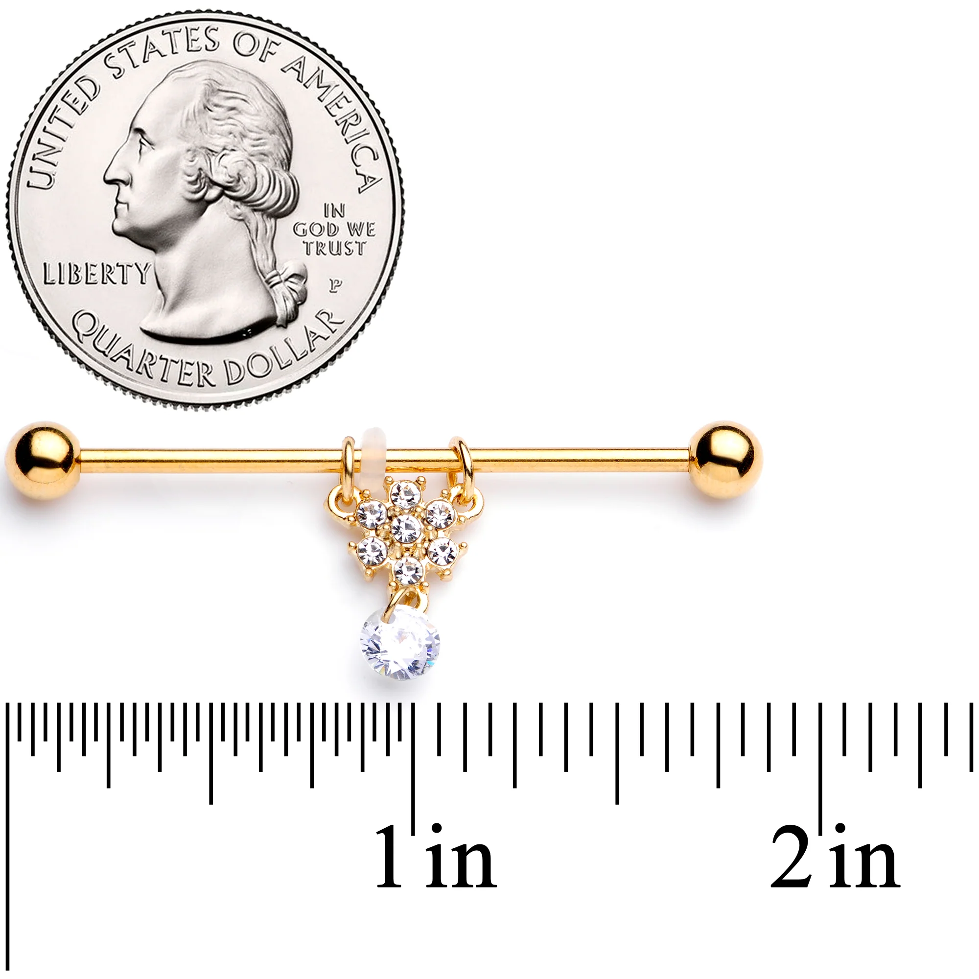 14G Clear Gem Gold Tone Regal Crest Dangle Industrial Barbell 38mm - Image 5