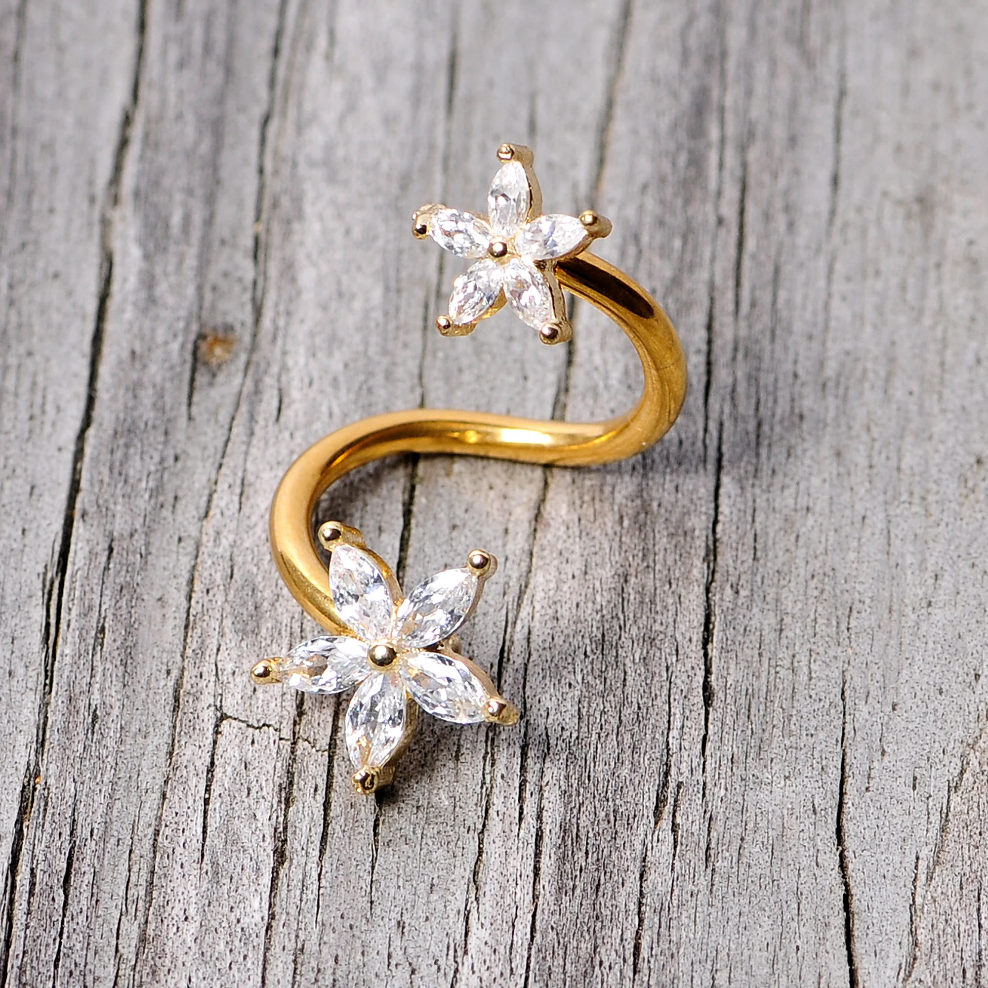 14G Clear Gem Gold Tone Star Flower Spiral Twister Belly Ring - Image 4