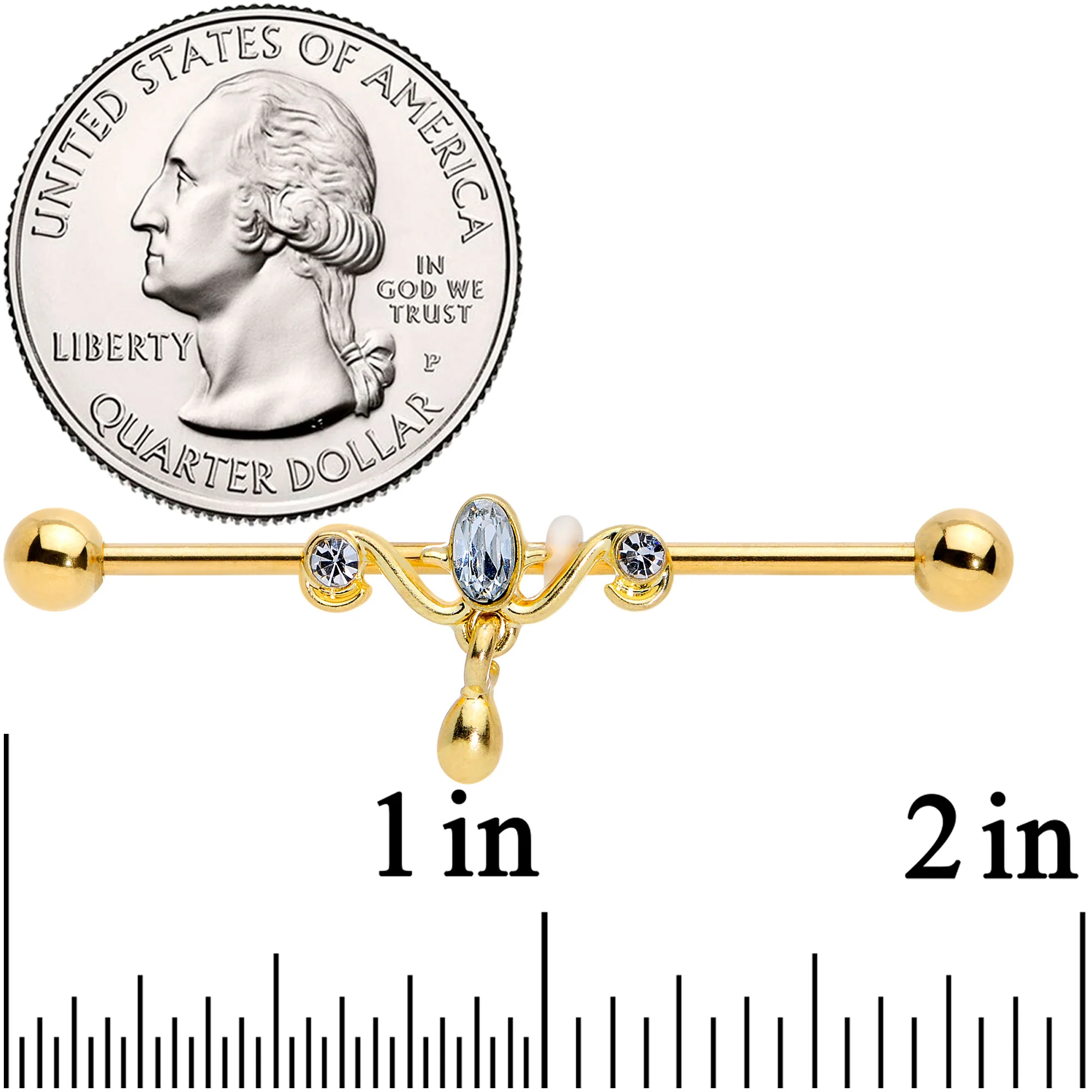 14G Clear Gem Gold Tone Drop Dangle Industrial Barbell 38mm - Image 2