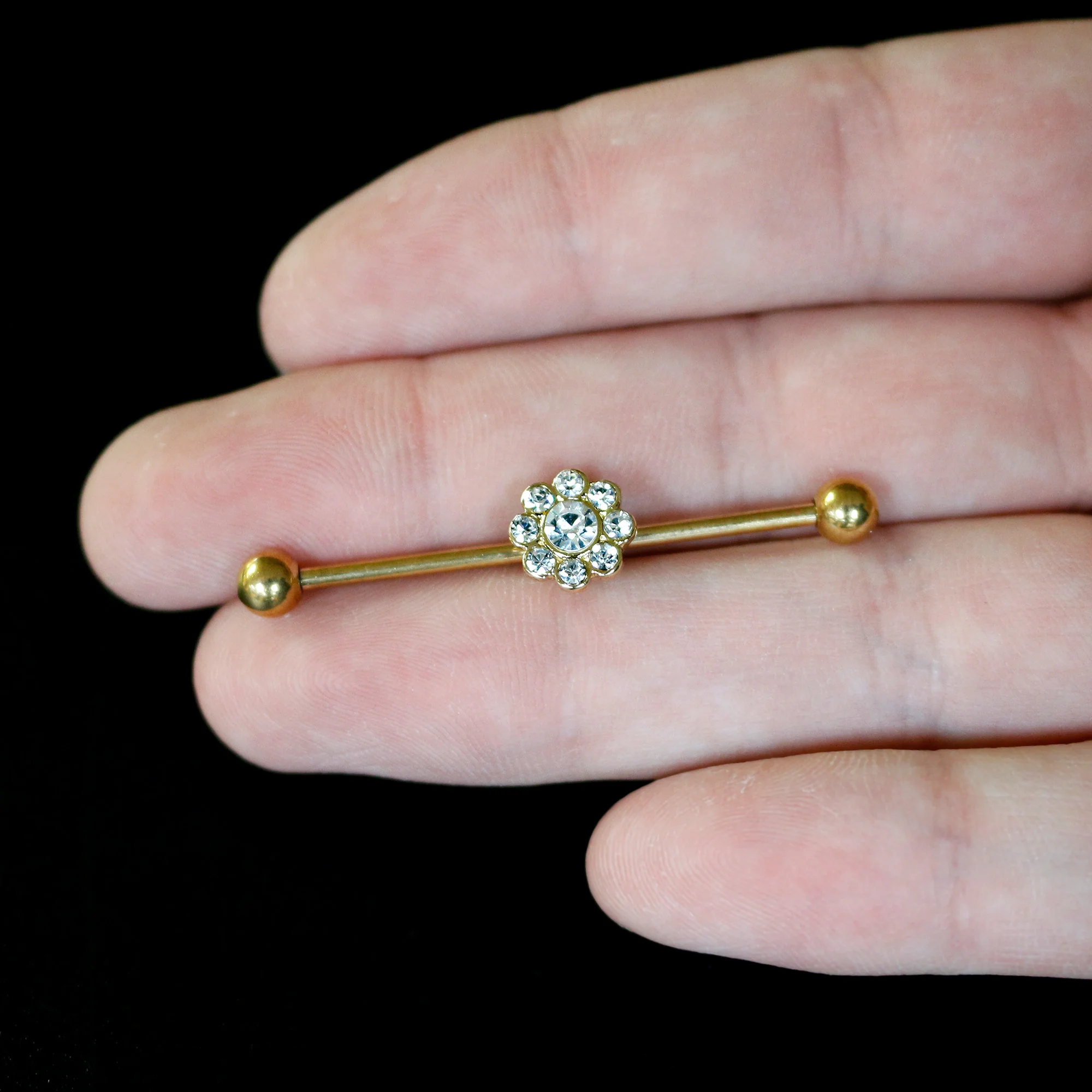 14G Clear Gem Gold Tone Whimsy Flower Industrial Barbell 38mm - Image 5