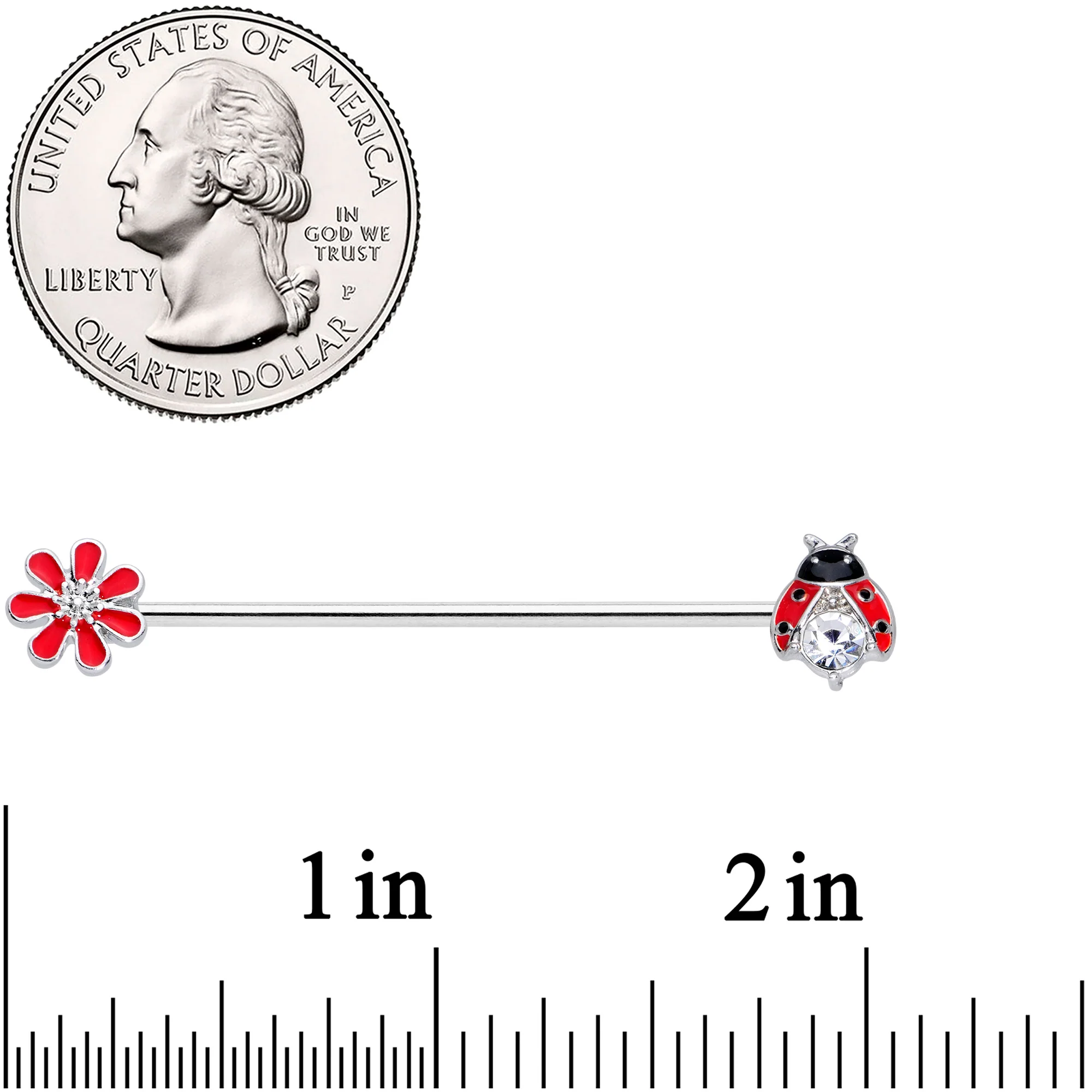 14G Clear Gem Red Ladybug Flower Industrial Barbell 38mm - Image 2