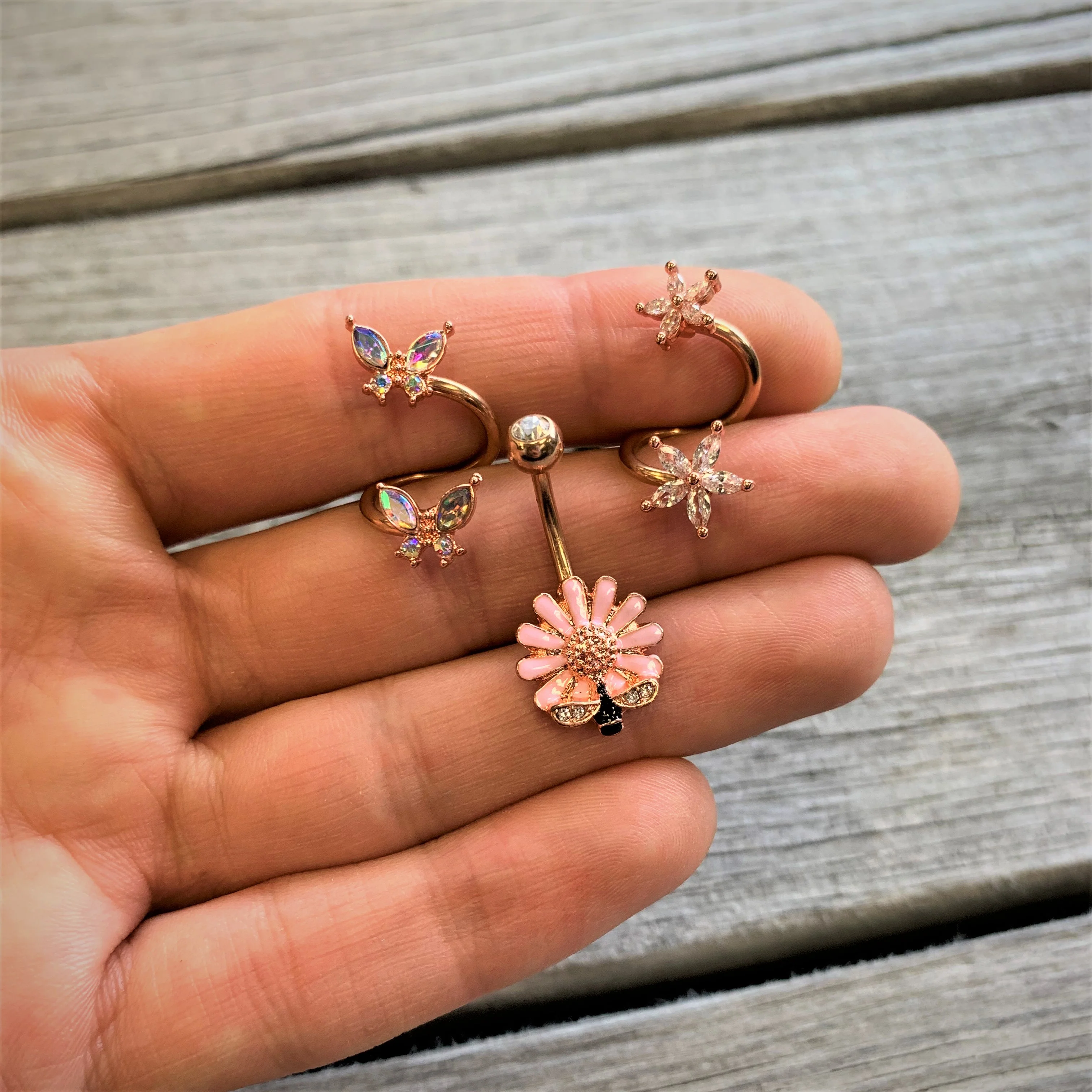 14G Clear Gem Rose Gold Hue Star Flower Spiral Twister Belly Ring - Image 3