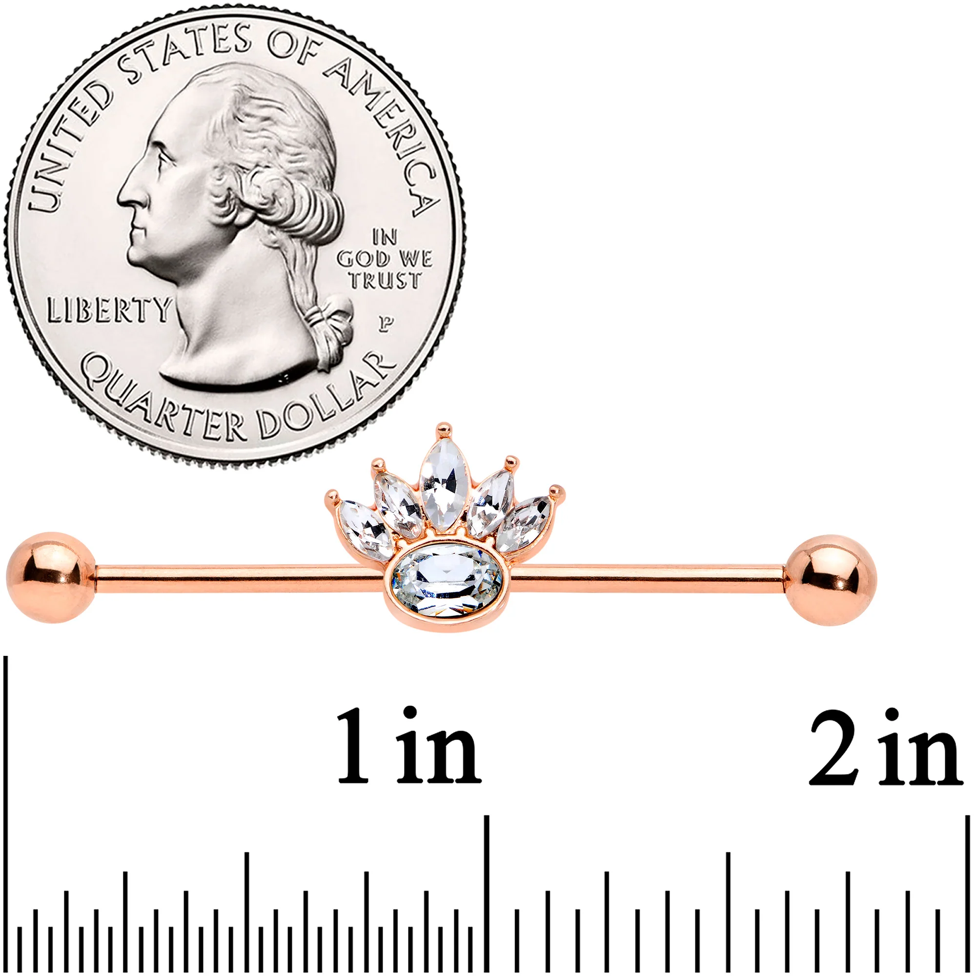 14G Clear Gem Rose Gold Tone Anodized Crown Industrial Barbell 38mm - Image 2