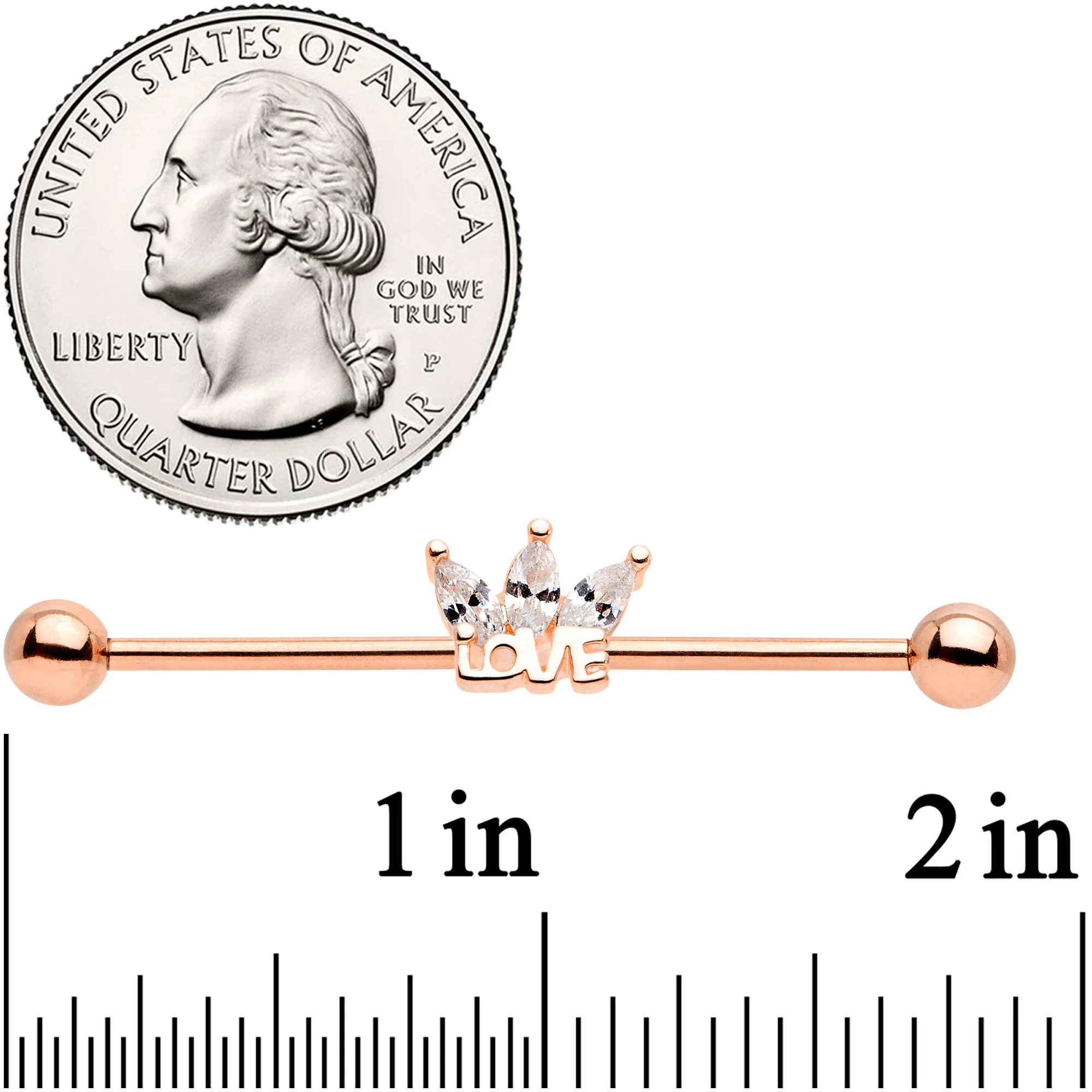 14G Clear Gem Rose Gold Tone Crown of Love Industrial Barbell 38mm - Image 2