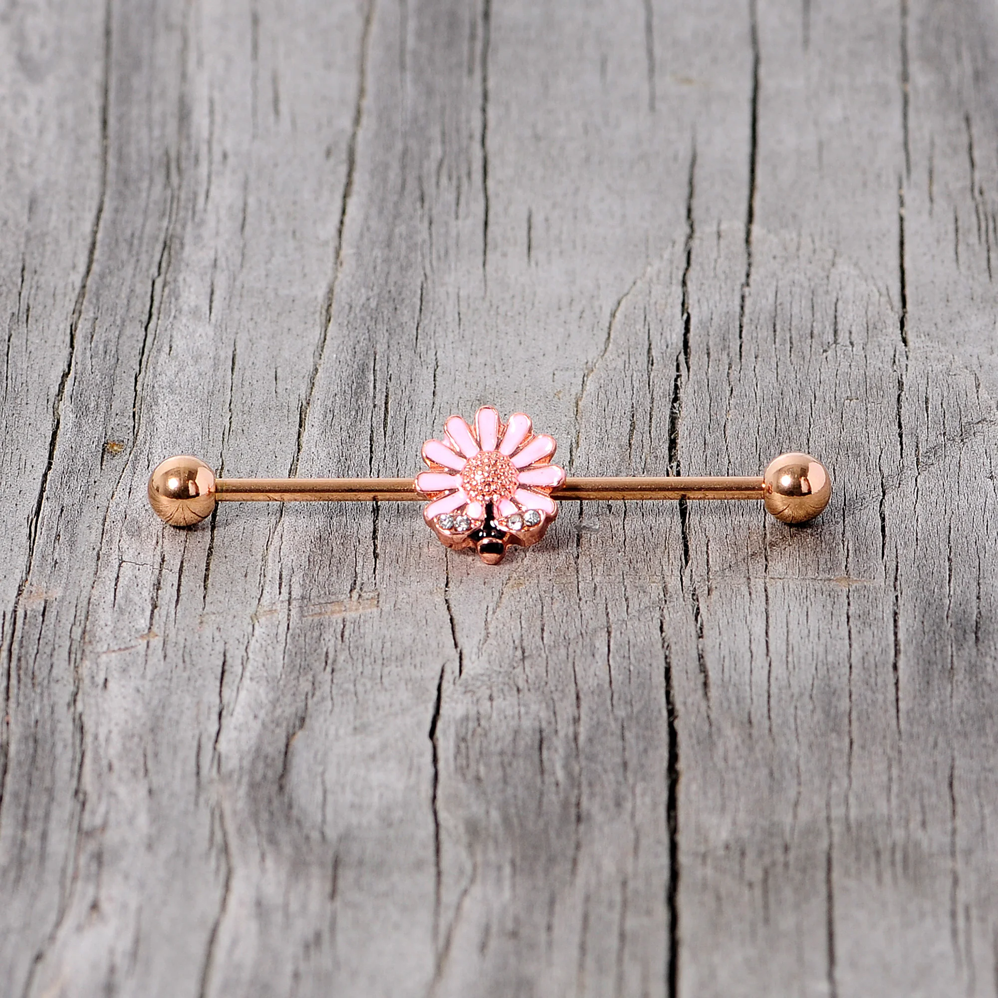 14G Clear Gem Rose Gold Tone Flower Bee Industrial Barbell 38mm - Image 4