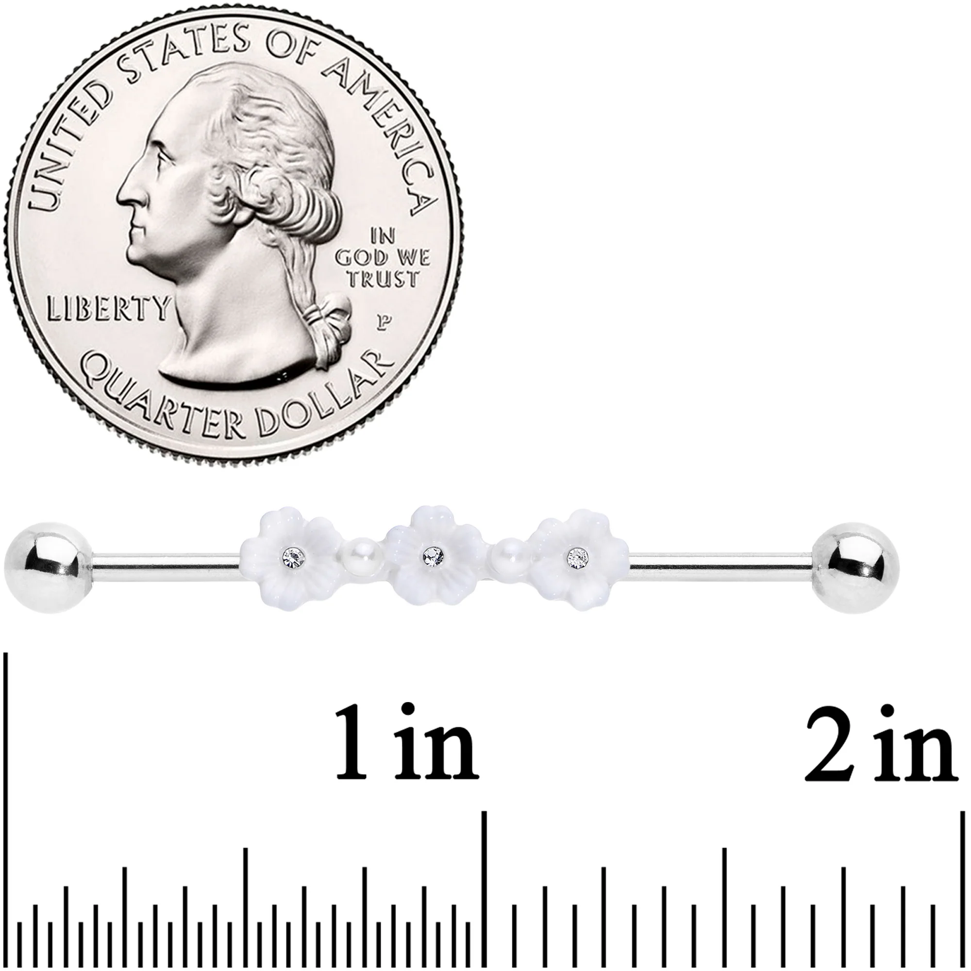 14G Clear Gem White Flower Industrial Barbell 38mm - Image 7