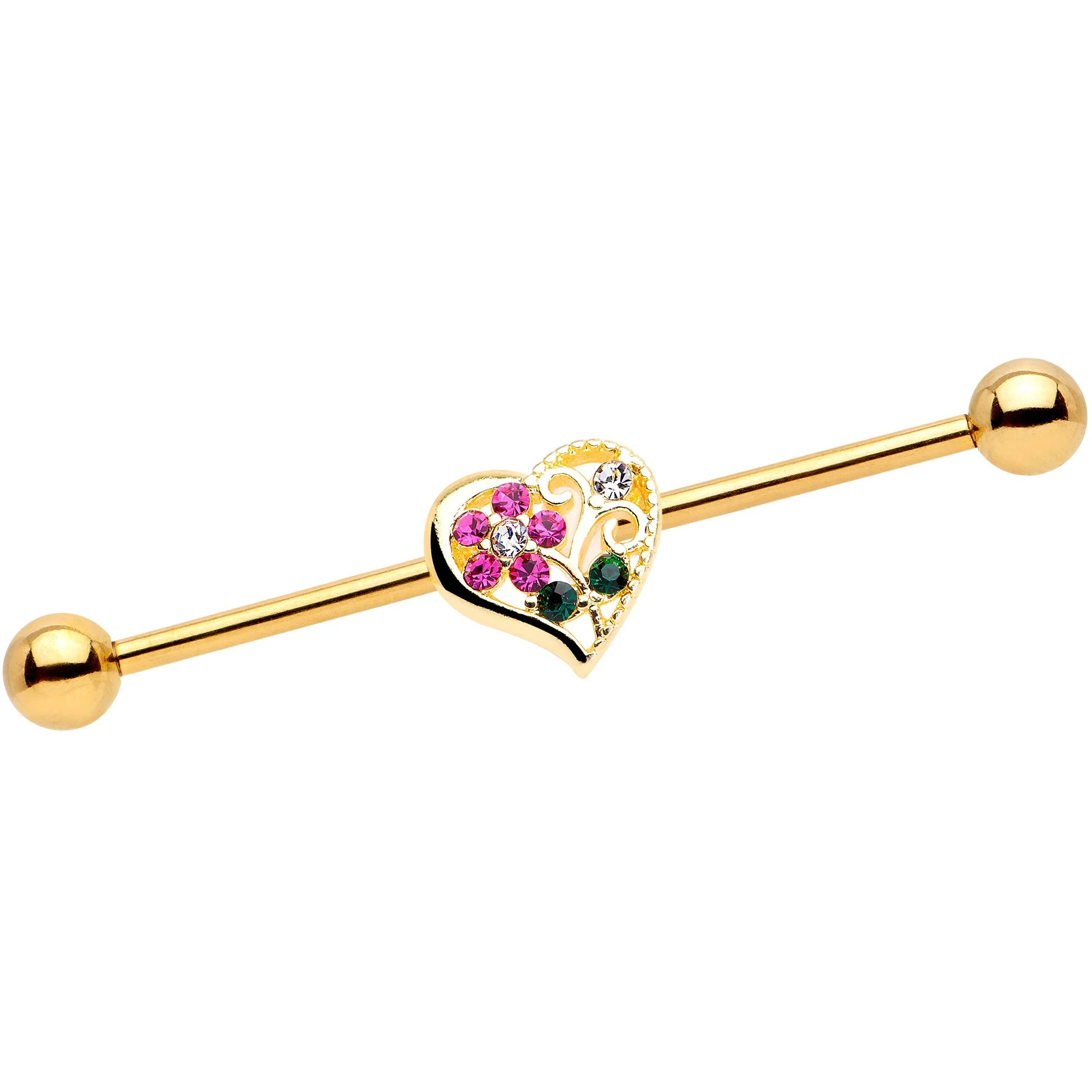 14G Clear Pink Gem Flower Heart Gold Tone Barbell Industrial
