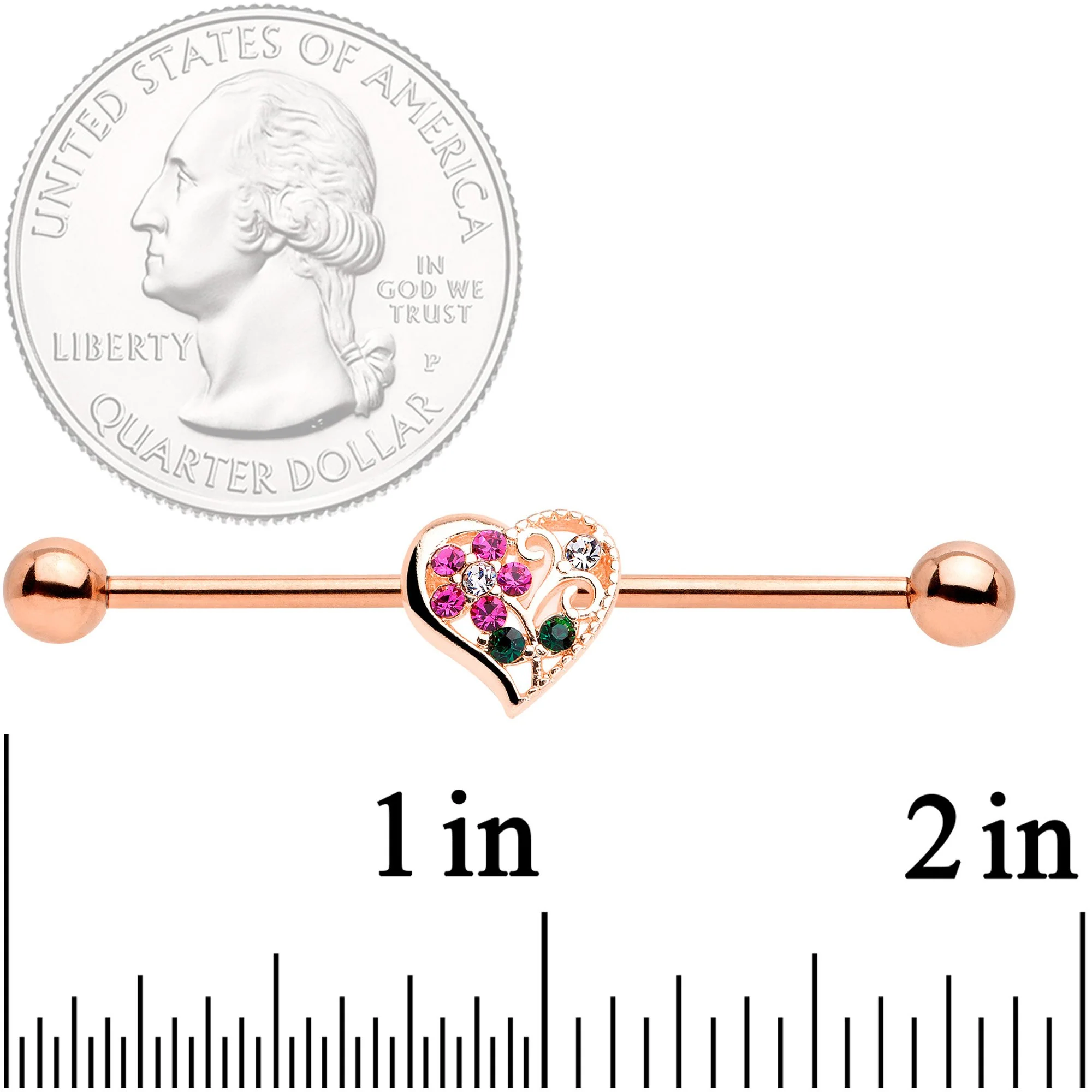 14G Clear Pink Gem Flower Heart Rose Gold Tone Barbell Industrial - Image 2