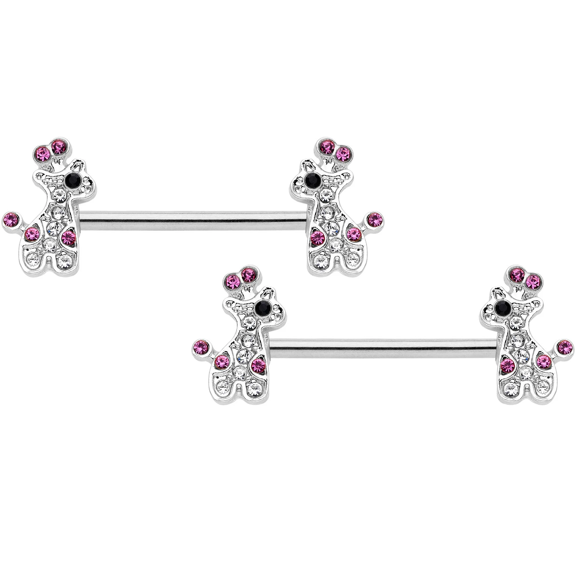 14G Clear Pink Gem Giraffe UV Horseshoe Nipple Ring Set - Image 2
