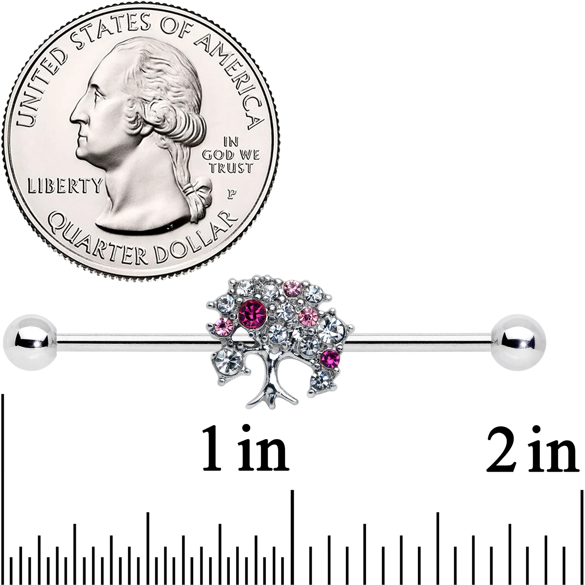 14G Clear Pink Gem Luscious Fruit Tree Industrial Barbell 38mm - Image 2