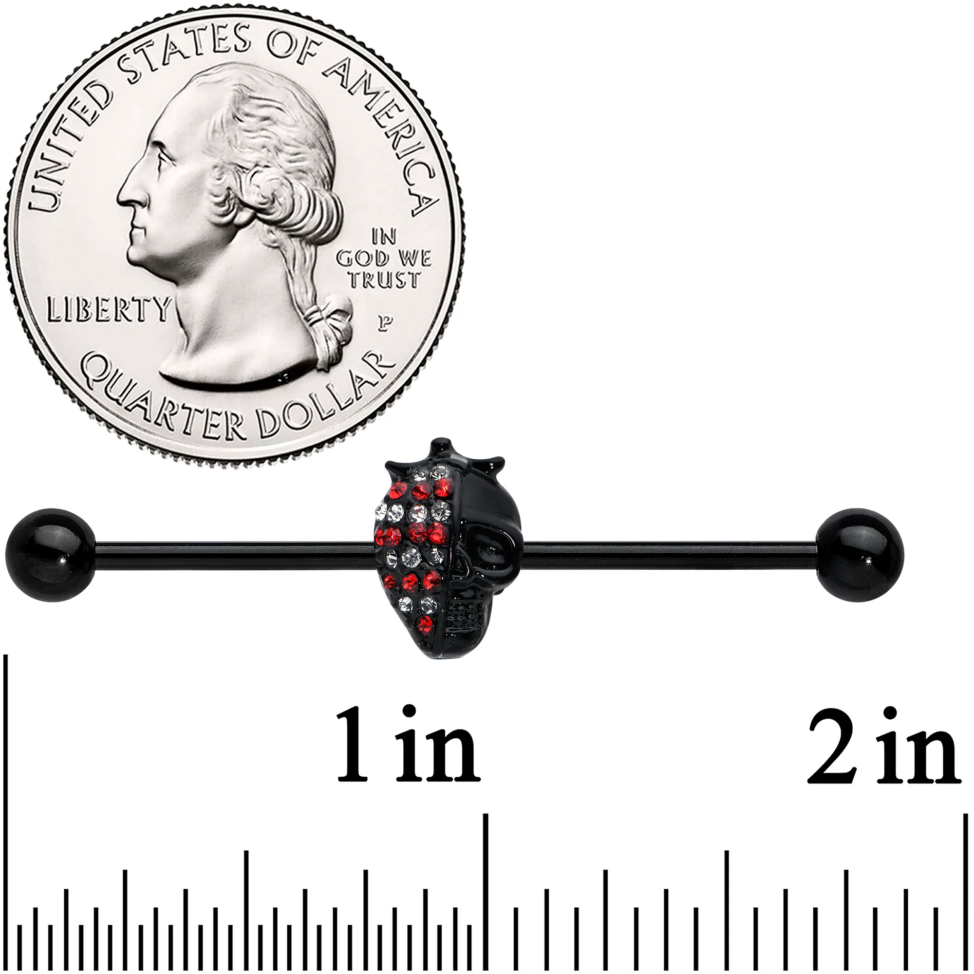 14G Clear Red Gem Black Skull Halloween Industrial Barbell 38mm - Image 2