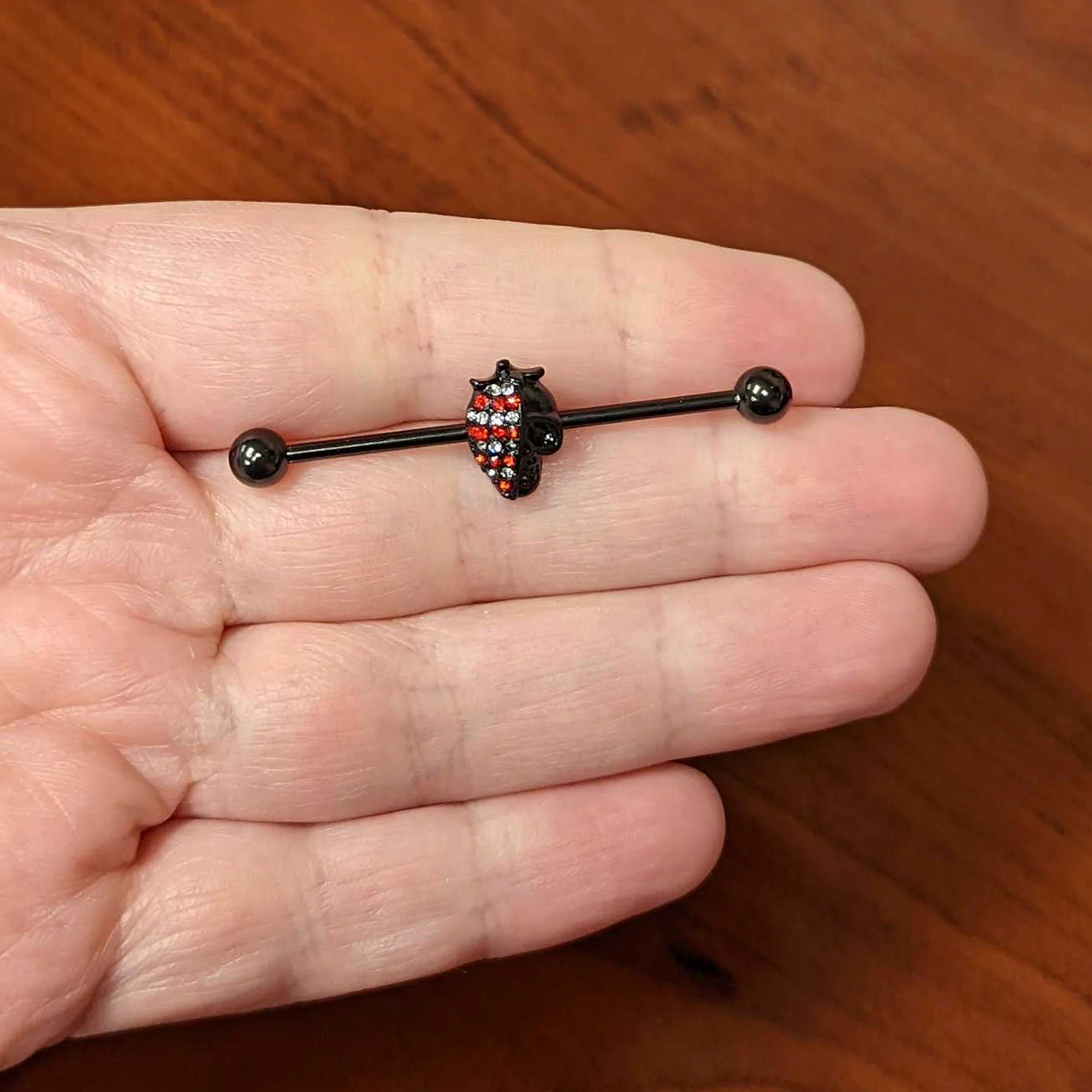 14G Clear Red Gem Black Skull Halloween Industrial Barbell 38mm - Image 3