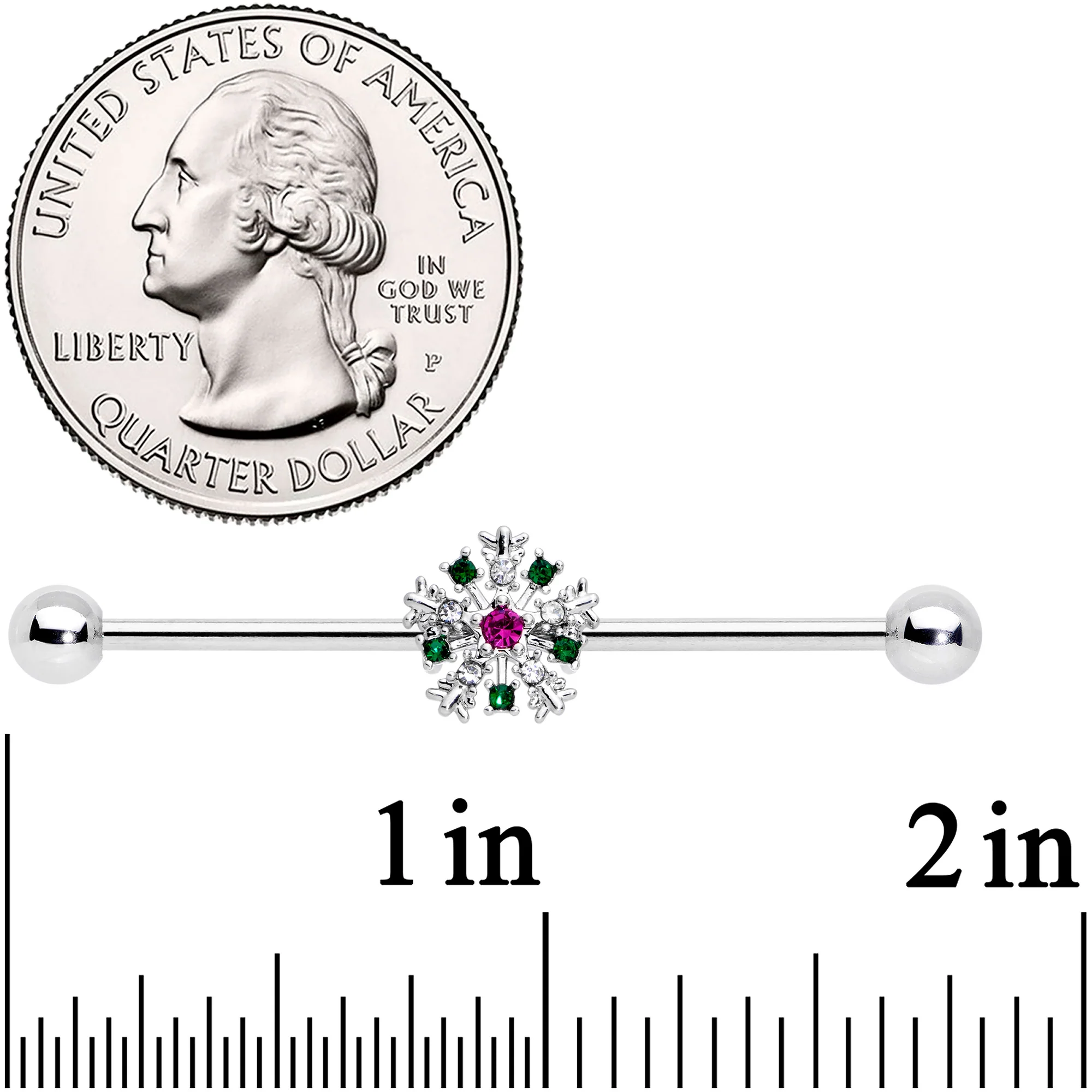 14G Clear Red Gem Christmas Industrial Barbell 38mm - Image 2