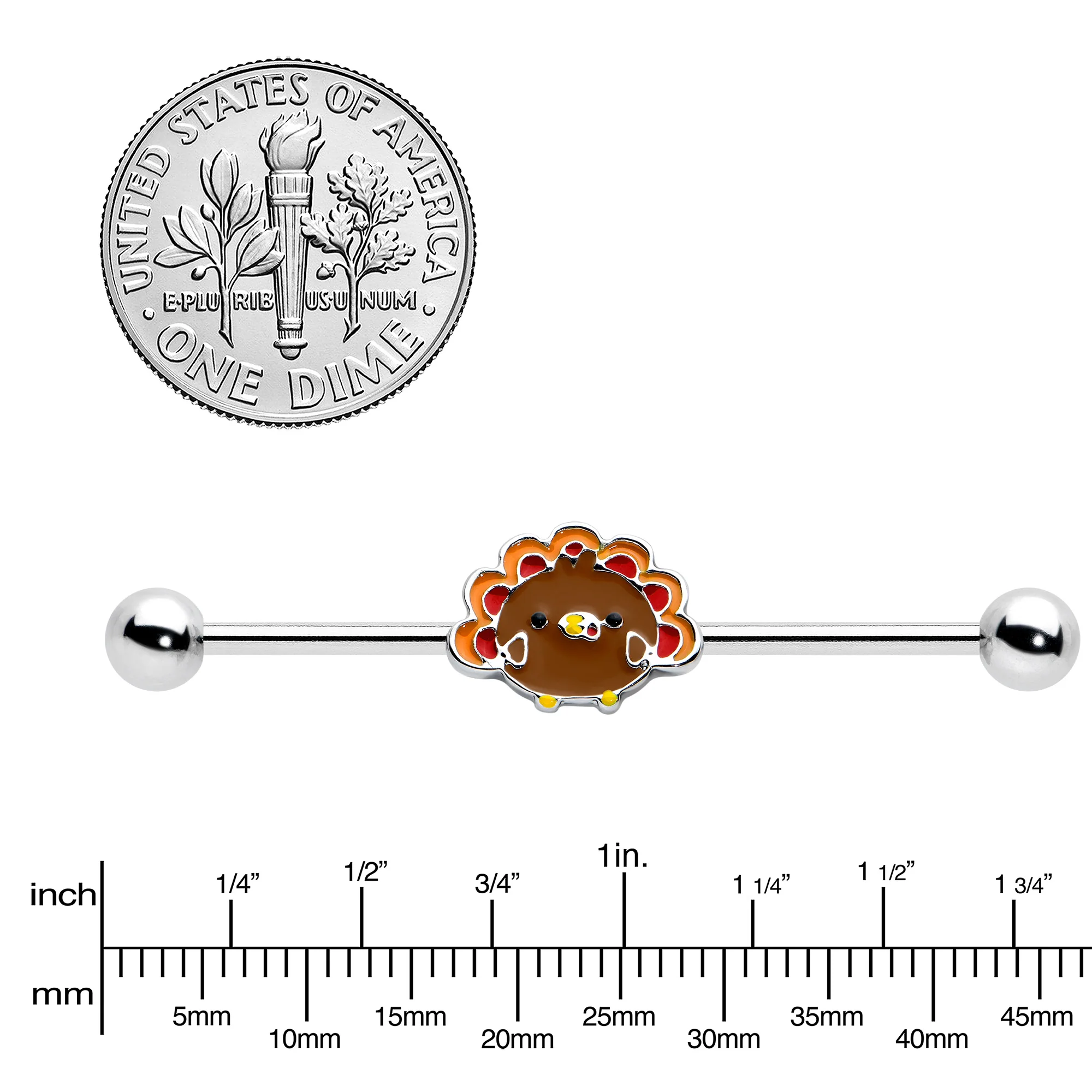 14G Cute Colorful Turkey Thanksgiving Industrial Barbell 38mm - Image 3