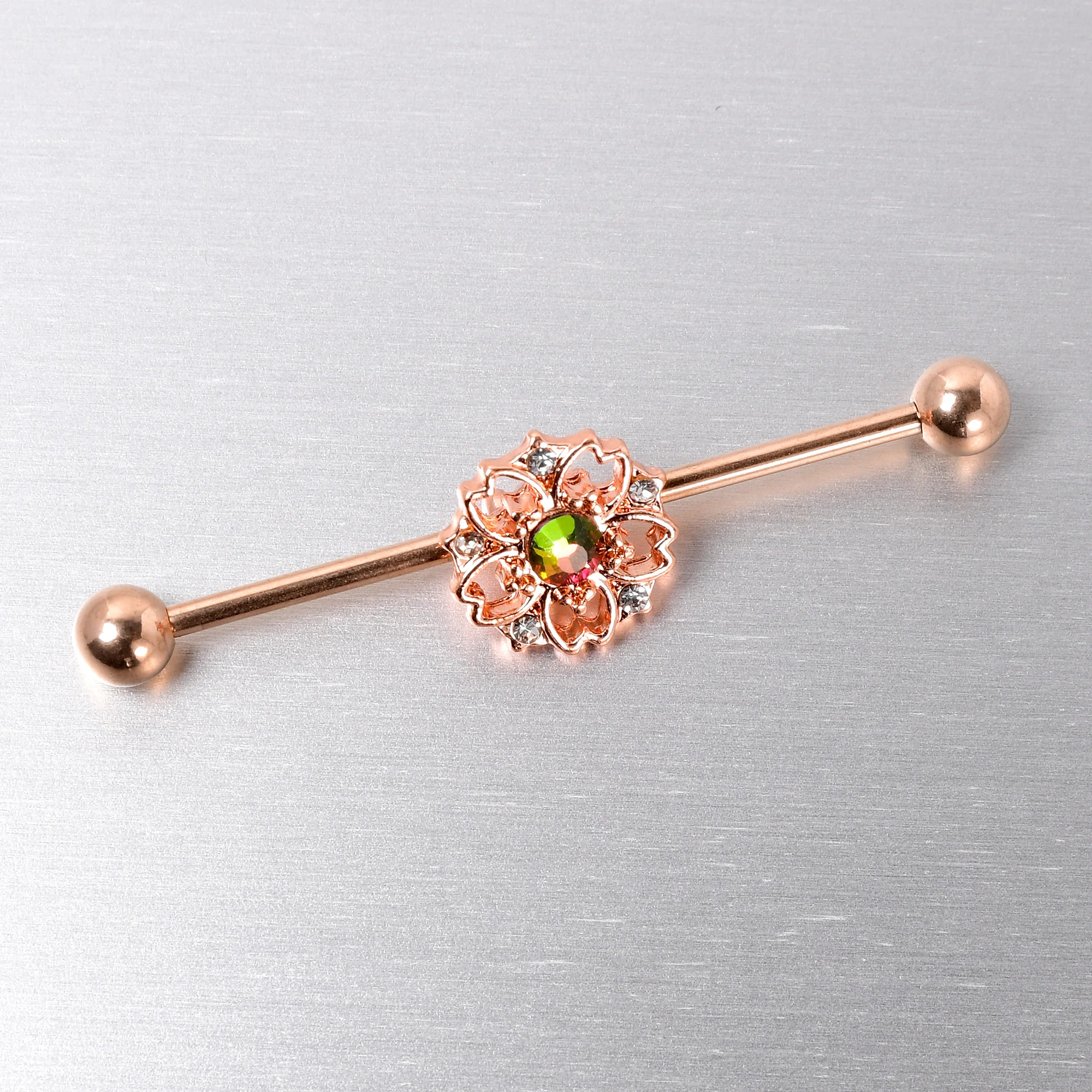 14G Dark Aurora Gem Rose Gold Tone Flower Industrial Barbell 38mm - Image 4