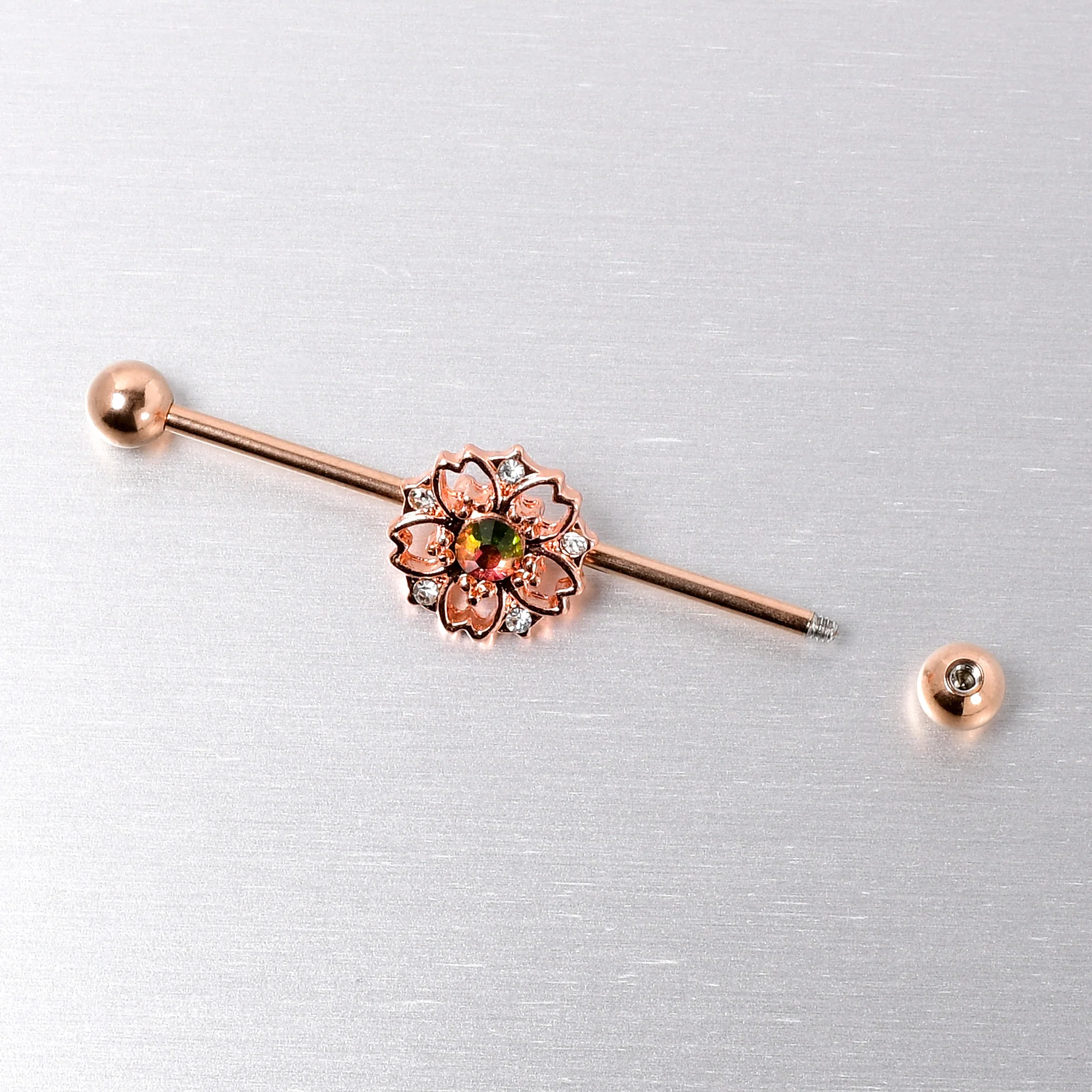14G Dark Aurora Gem Rose Gold Tone Flower Industrial Barbell 38mm - Image 5