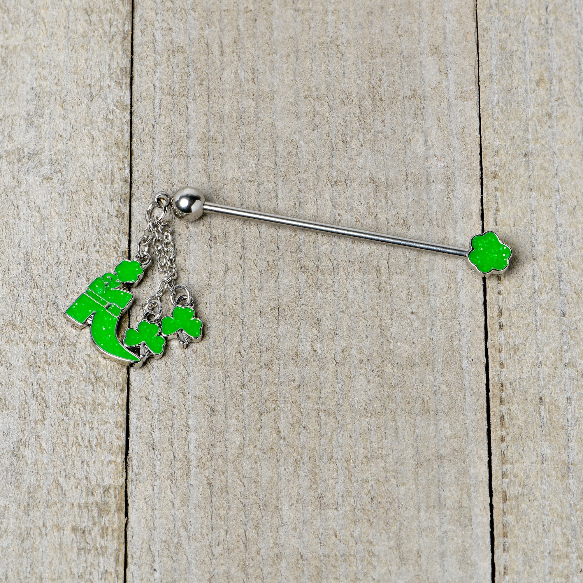 14G Glow in Dark Leprechaun Boot Dangle Industrial Barbell 38mm - Image 4