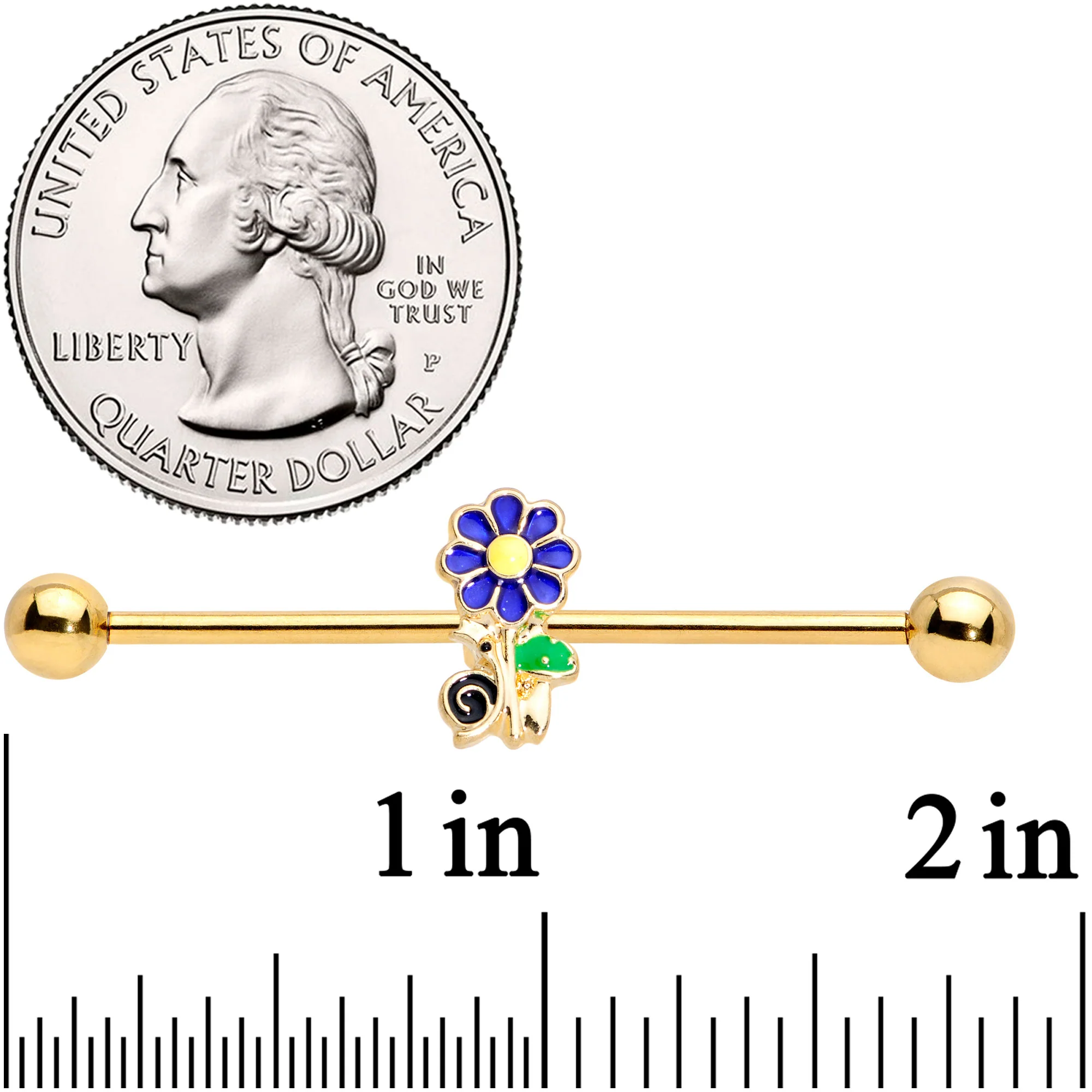 14G Gold Tone Blue Green Snail Flower Industrial Barbell 38mm - Image 4
