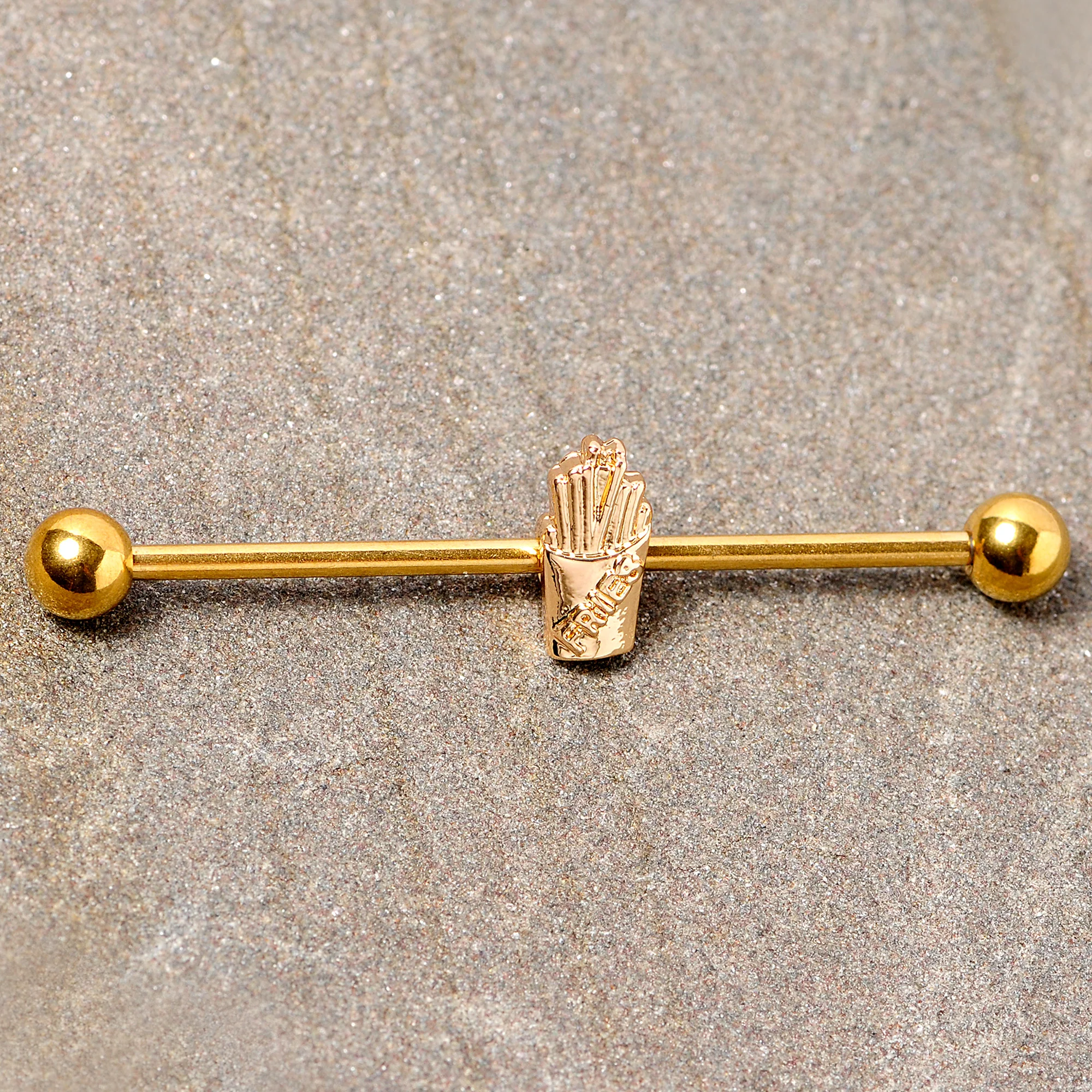 14G Gold Tone Fast Food French Fries Industrial Barbell 38mm - Image 3