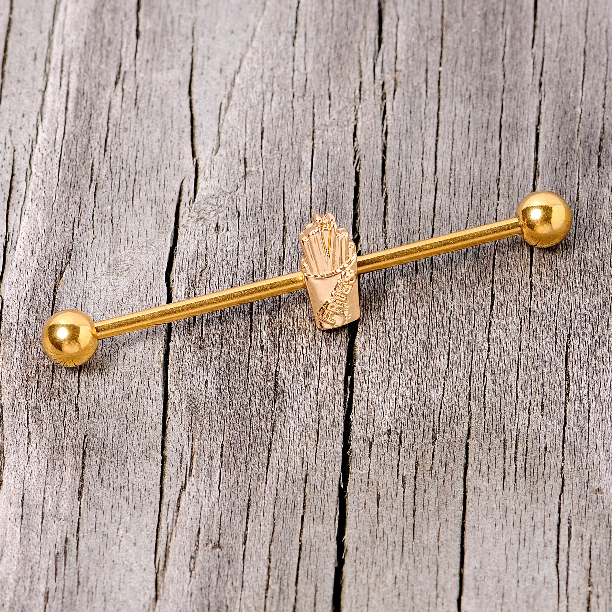 14G Gold Tone Fast Food French Fries Industrial Barbell 38mm - Image 4