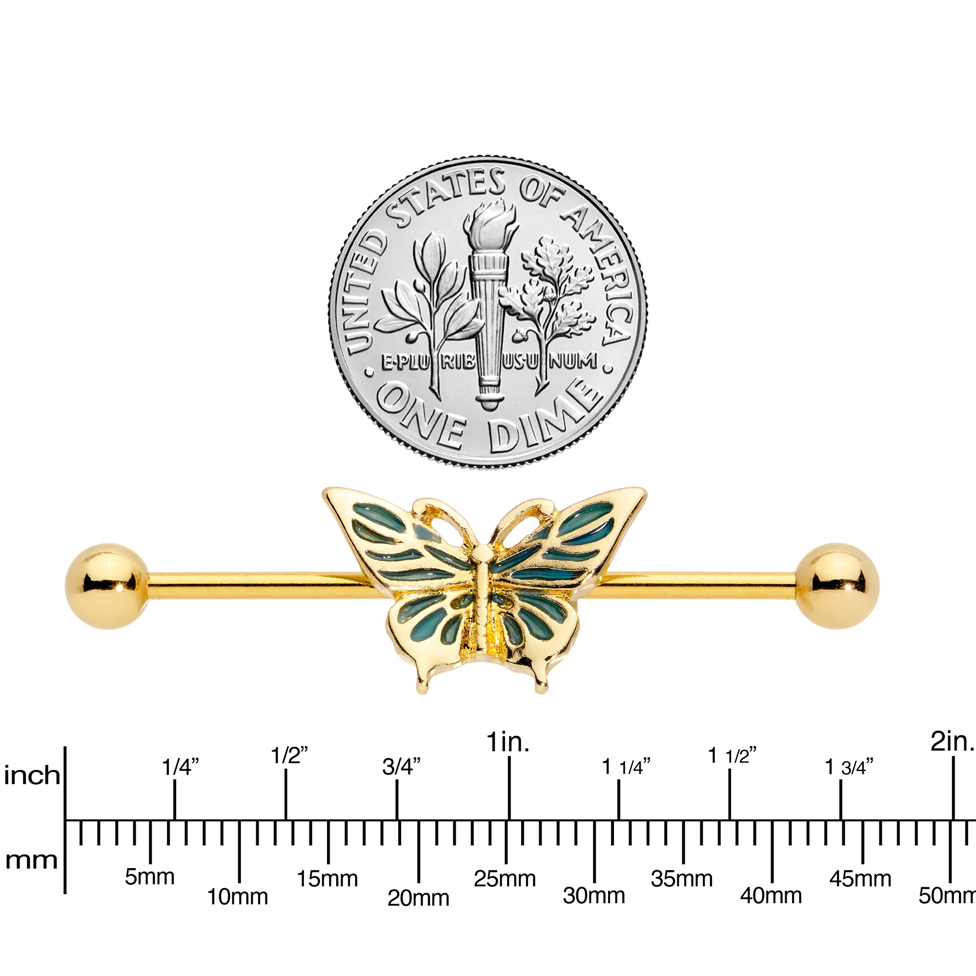 14G Gold Tone Green Inlay Butterfly Industrial Barbell 38mm - Image 3