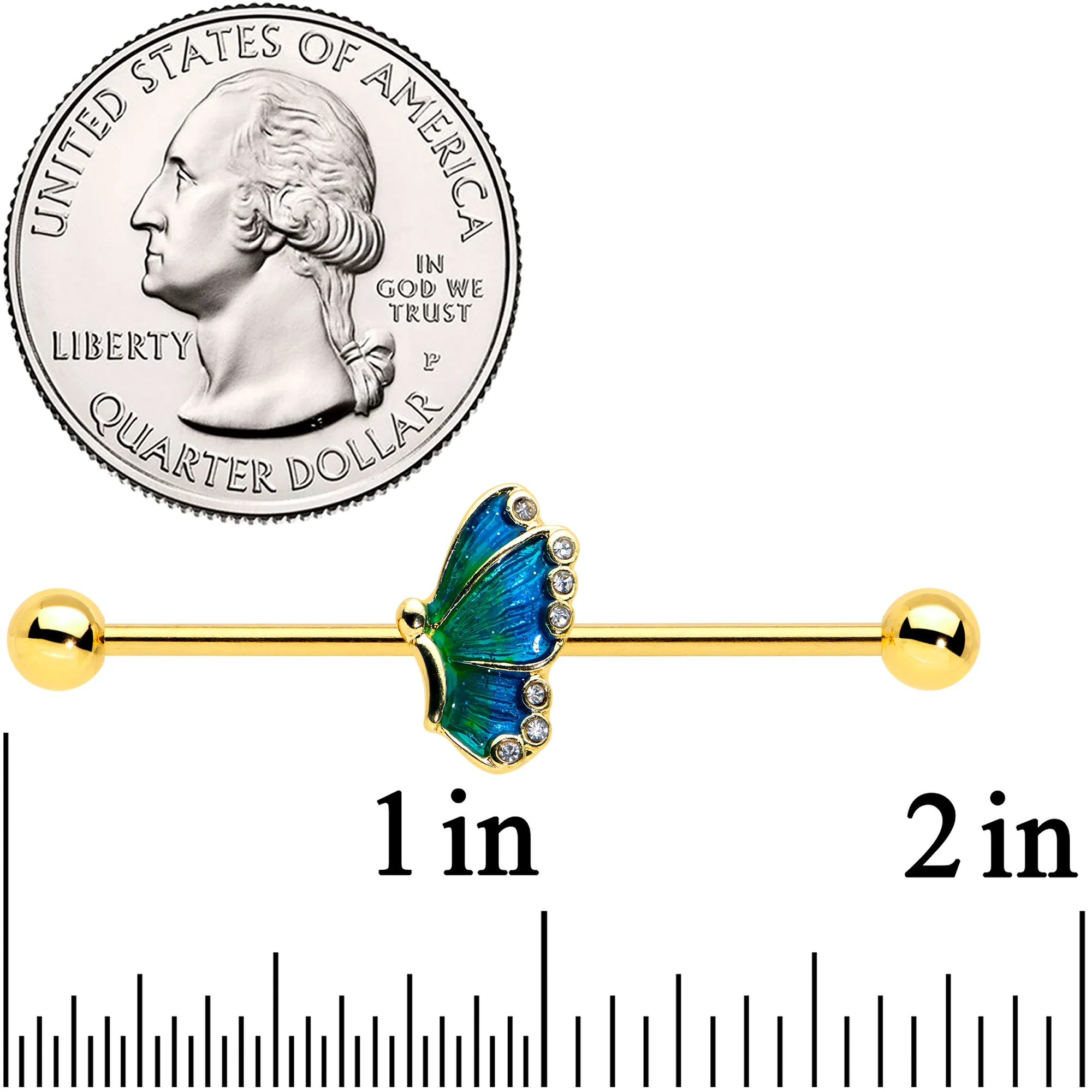 14G Gold Tone Ombre Blue Butterfly Industrial Barbell 38mm - Image 2