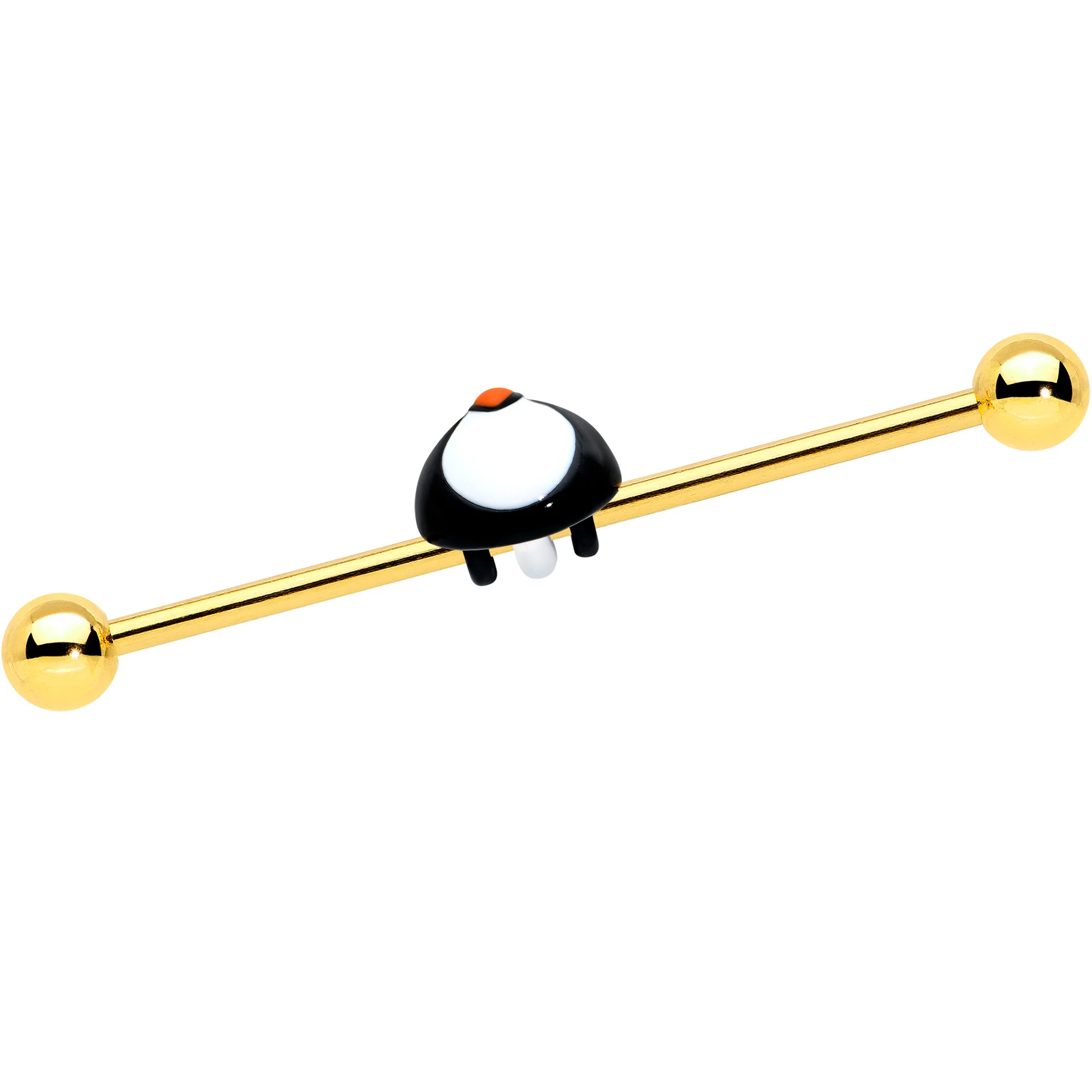 14G Gold Tone Round Penguin Face Holiday Industrial Barbell 38mm - Image 2