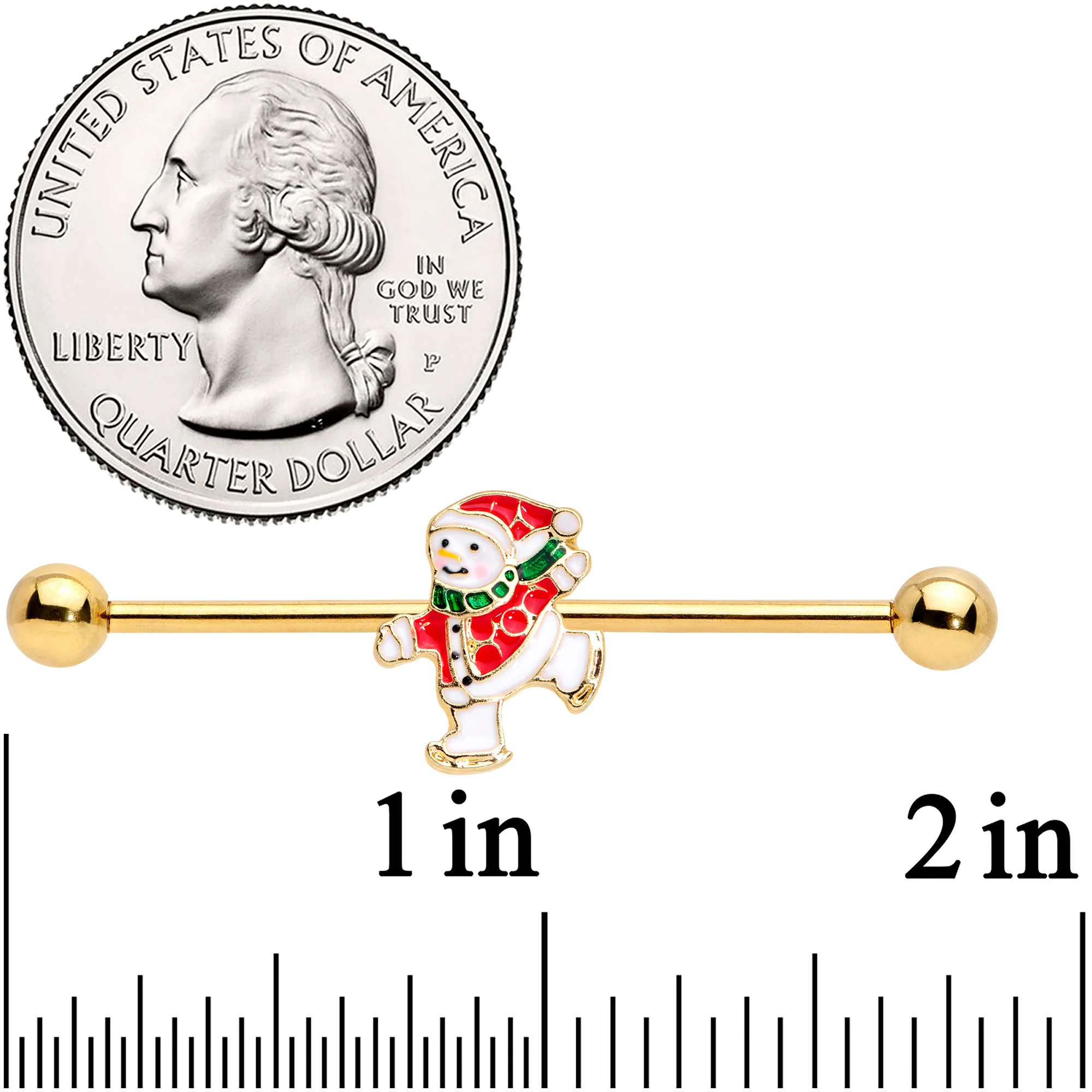 14G Gold Tone Skating Snowman Christmas Industrial Barbell 38mm - Image 3