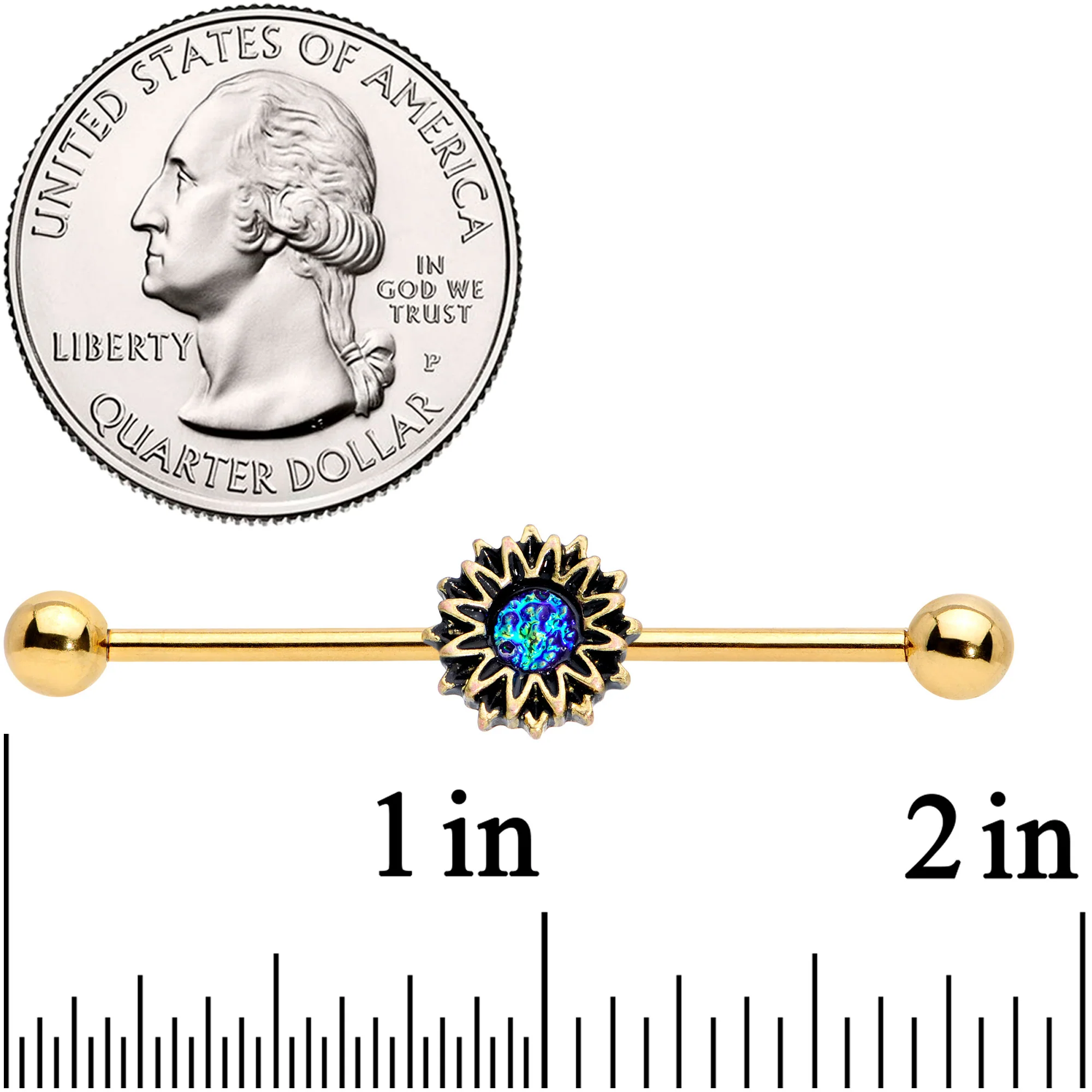 14G Aqua Gem Gold Tone Sunburst Flower Industrial Barbell 38mm - Image 2