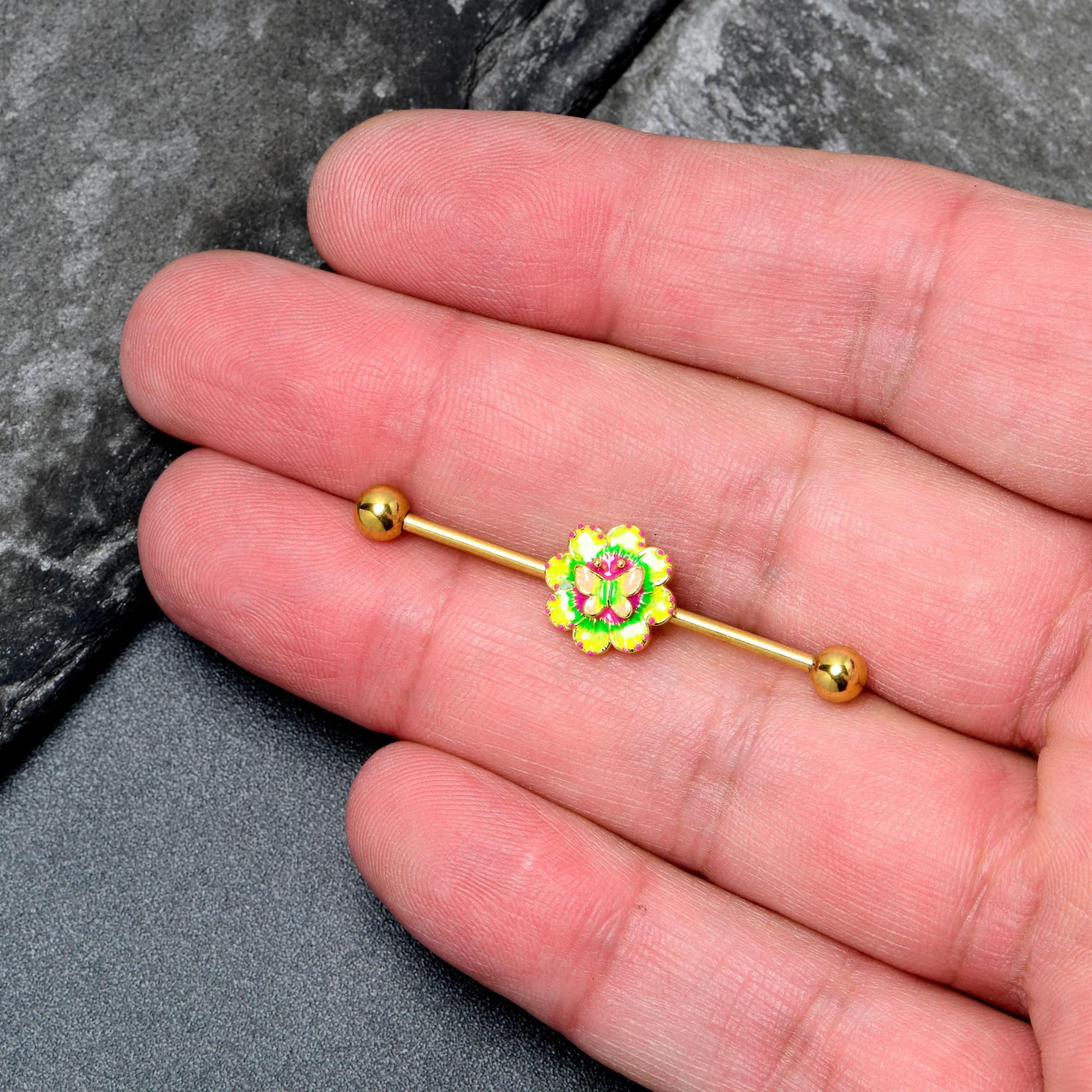 14G Gold Tone Tie Dye Butterfly Style Industrial Barbell 38mm - Image 3