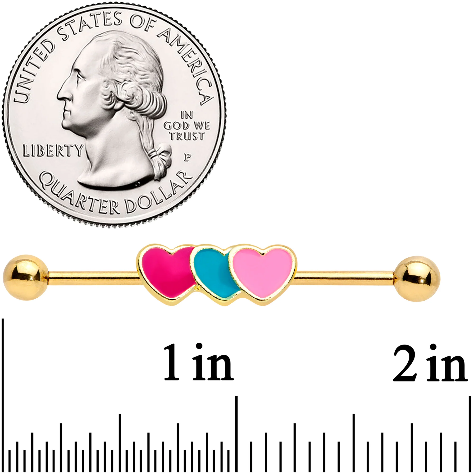 14G Gold Tone Triple Heart Industrial Barbell 38mm - Image 2