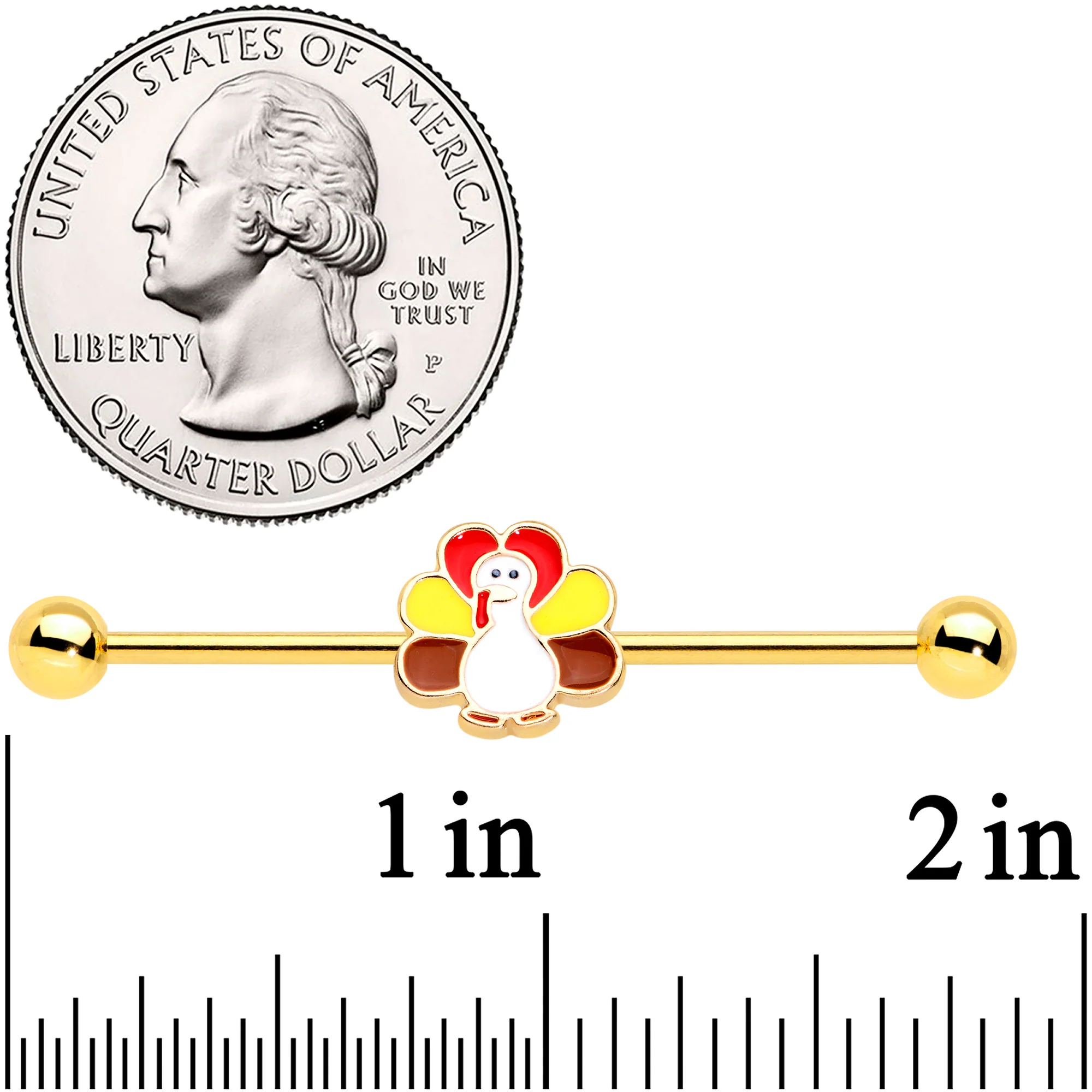 14G Gold Tone Turkey Time Holiday Industrial Barbell 38mm - Image 2