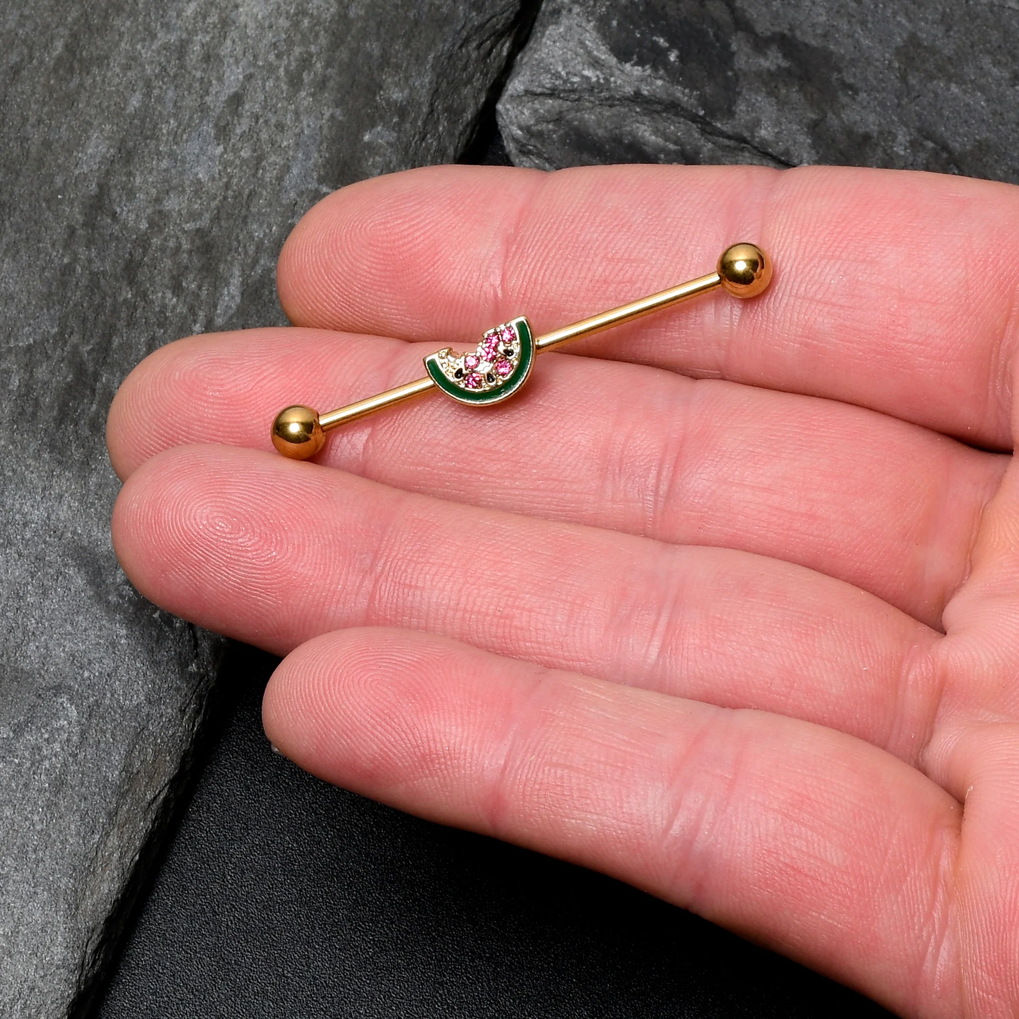 14G Gold Tone Watermelon Bite Industrial Barbell 38mm - Image 3