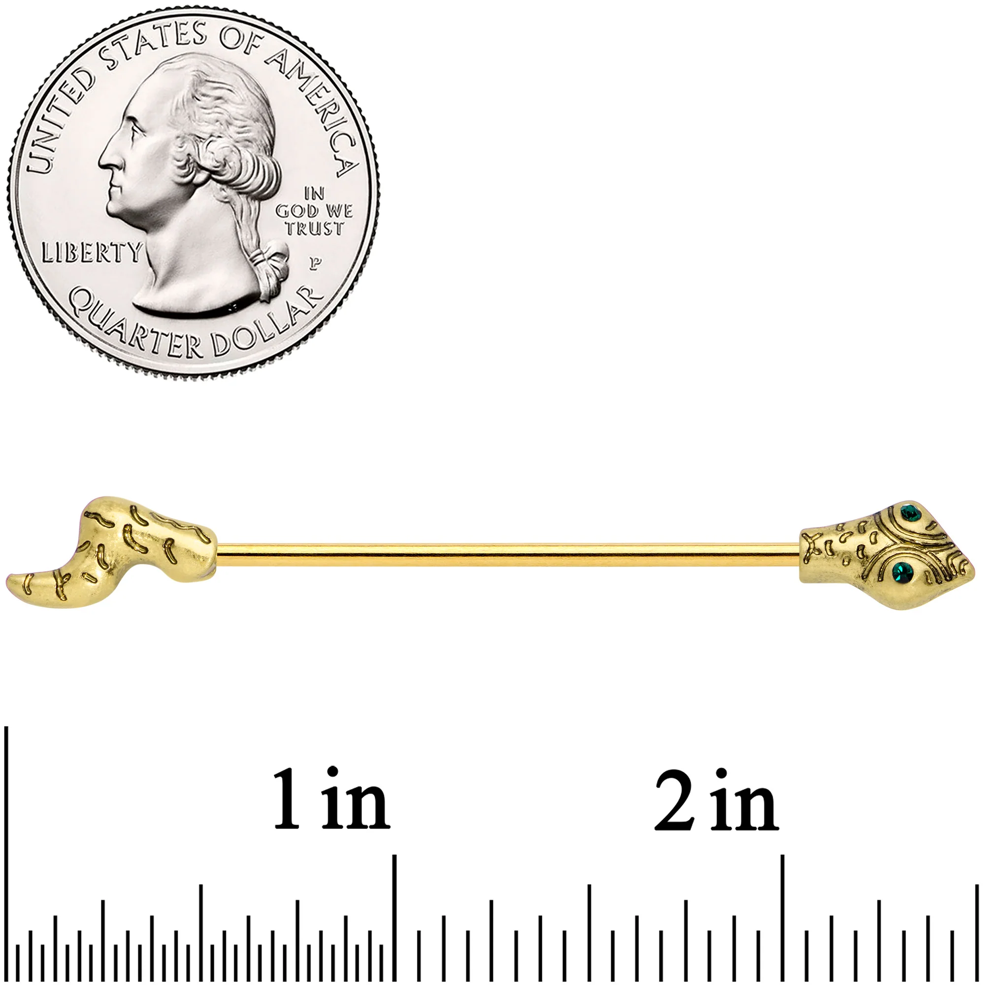 14G Green Gem Gold Tone Tribal Snake Industrial Barbell 38mm - Image 3