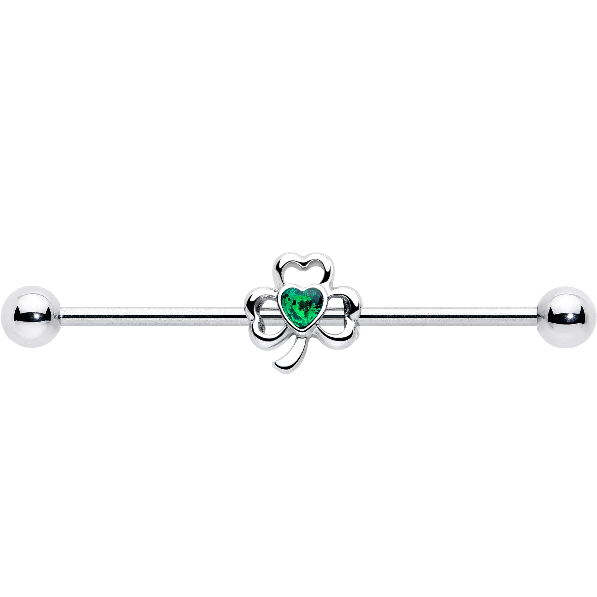 14G Green Gem Heart Shamrock St Patricks Day Industrial Barbell 38mm - Image 2