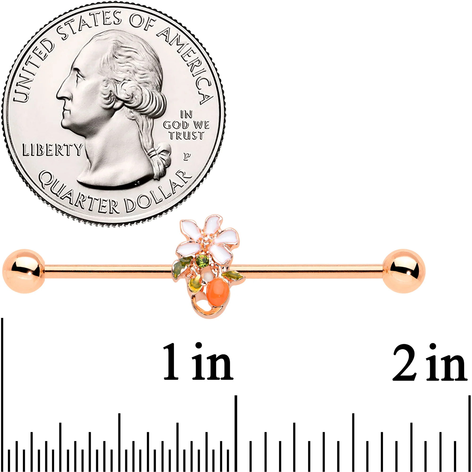 14G Green Gem Rose Gold Hue Orange Flower Industrial Barbell 38mm - Image 2