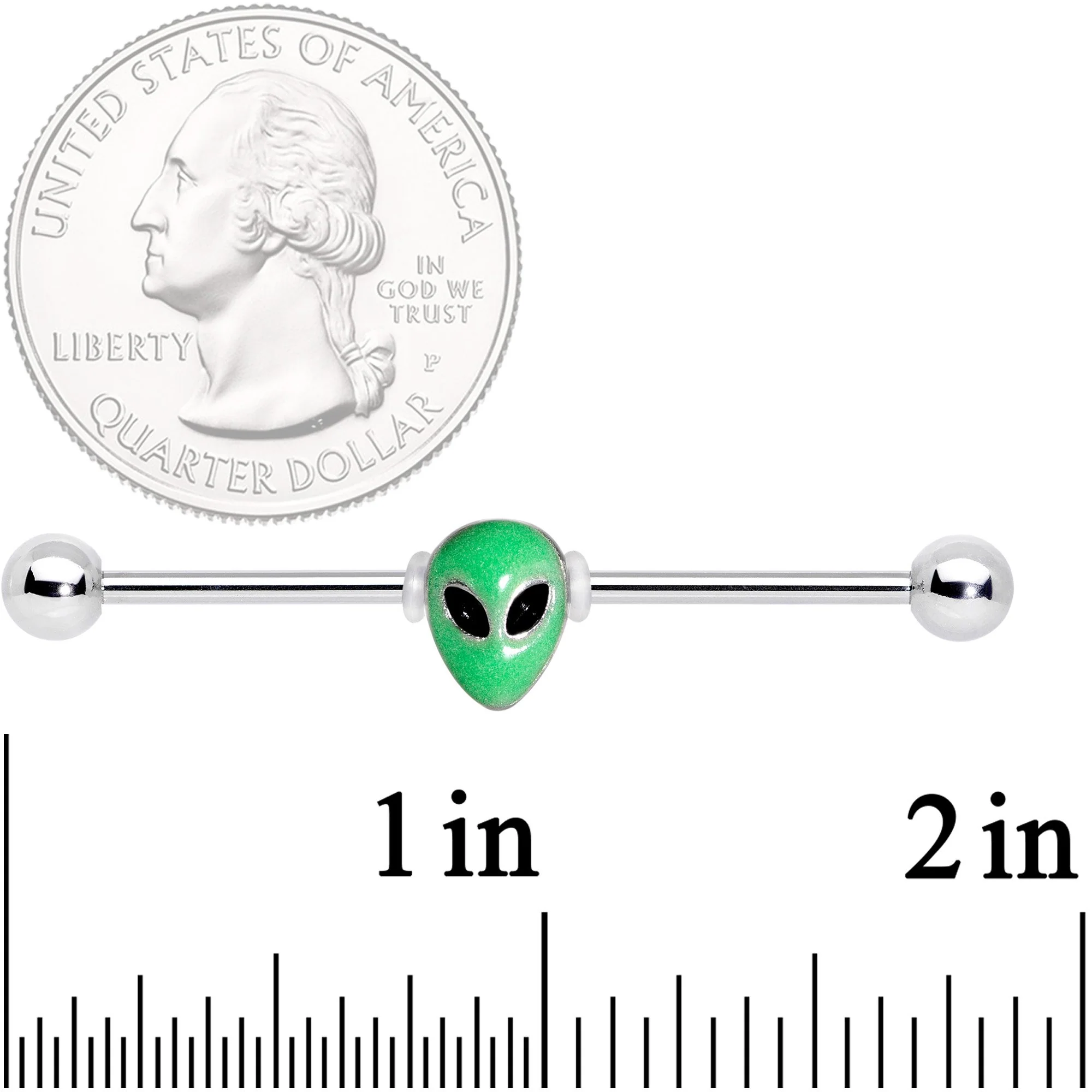 14G Green Glow in the Dark Space Alien Industrial Barbell 38mm - Image 3