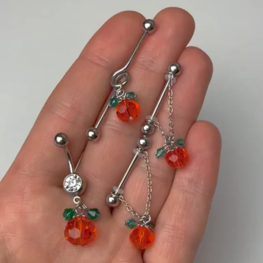 14G Green Orange Gem Pumpkin Halloween Dangle Project Bar 38mm - Image 2