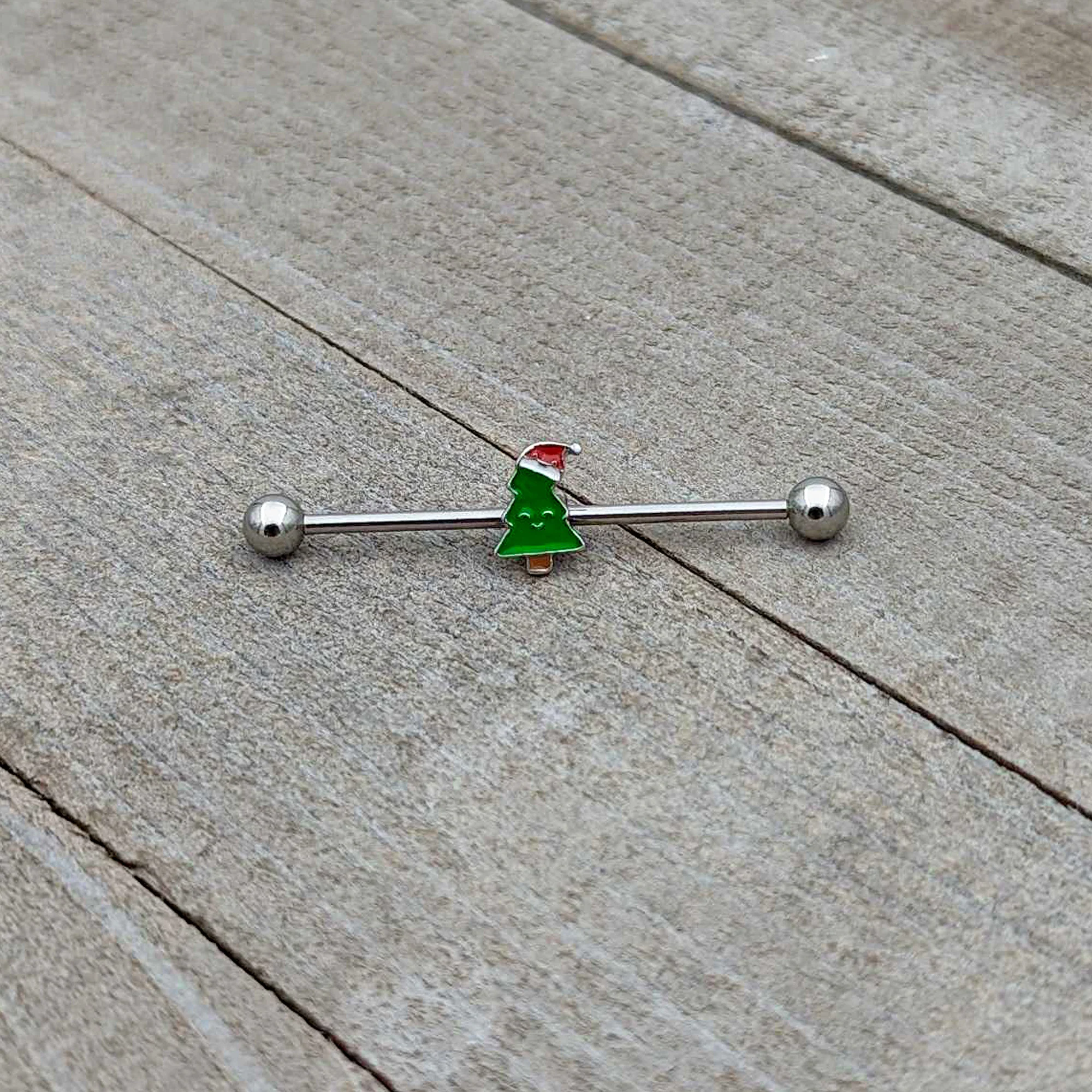 14G Happy Christmas Tree Hat Holiday Industrial Barbell 38mm - Image 6