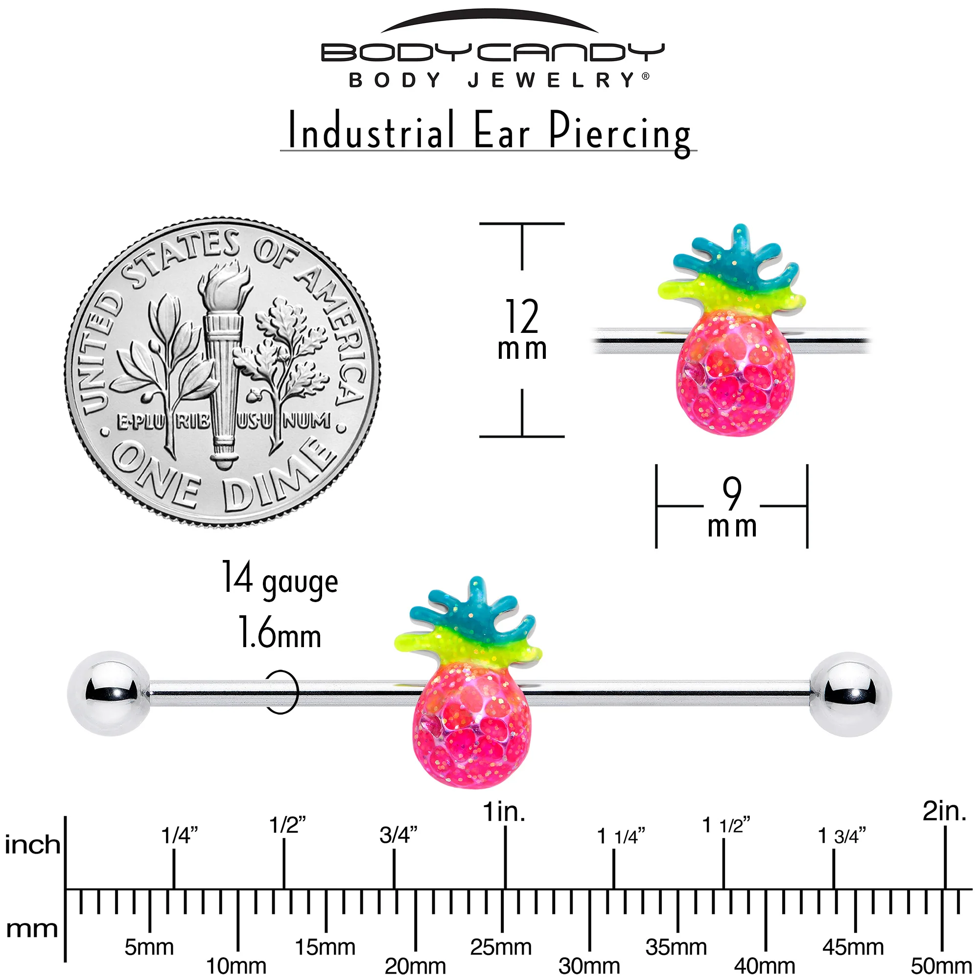 14G Hot Tropical Pineapple Industrial Barbell 38mm - Image 5