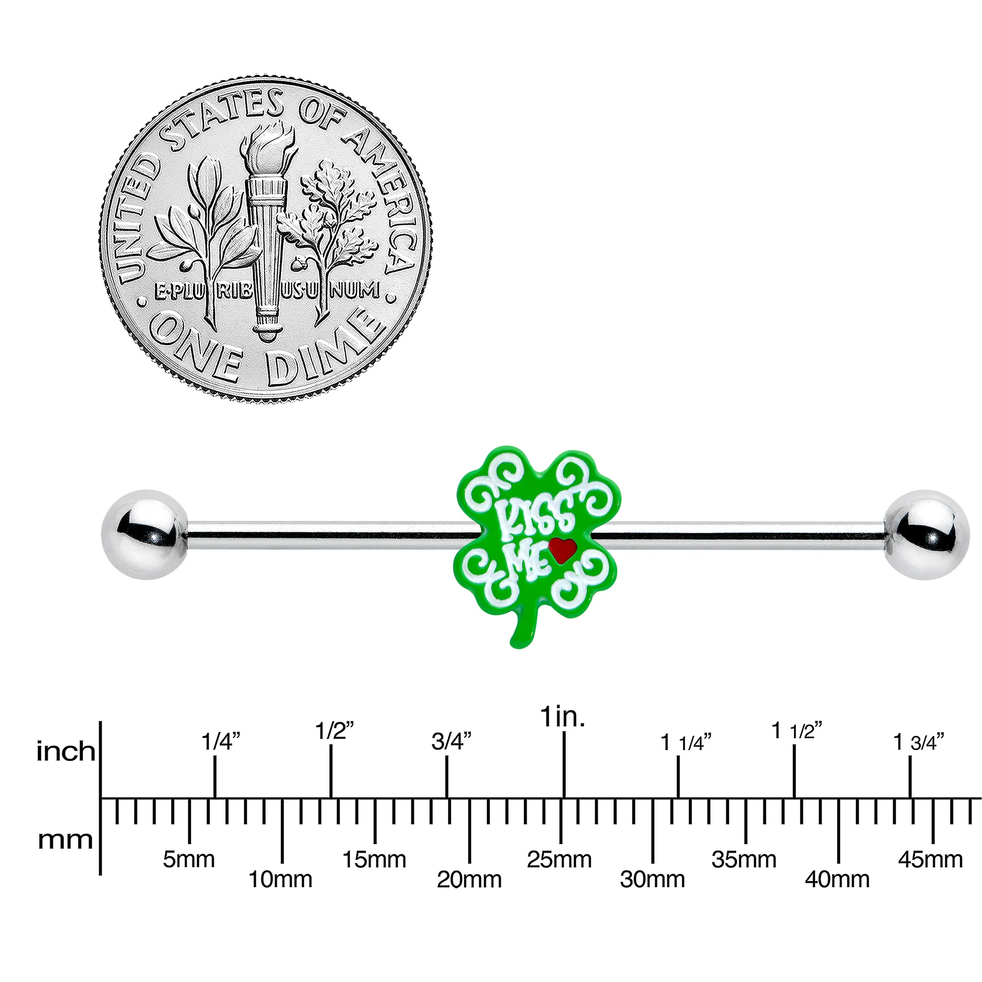 14G Kiss Me Shamrock St Patricks Industrial Barbell 38mm - Image 3
